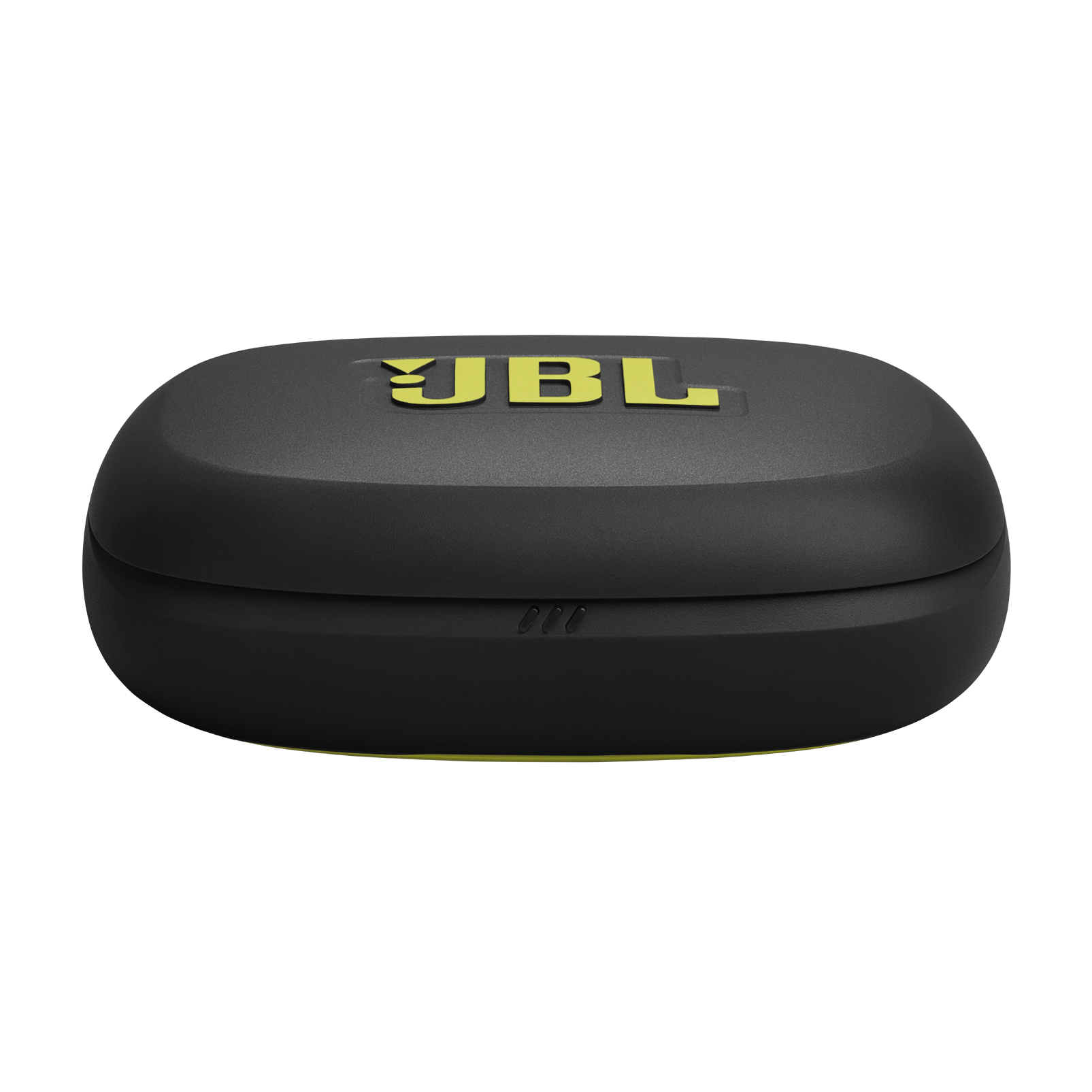 Sarı logo ve vurgulara sahip siyah JBL şarj kutusu.