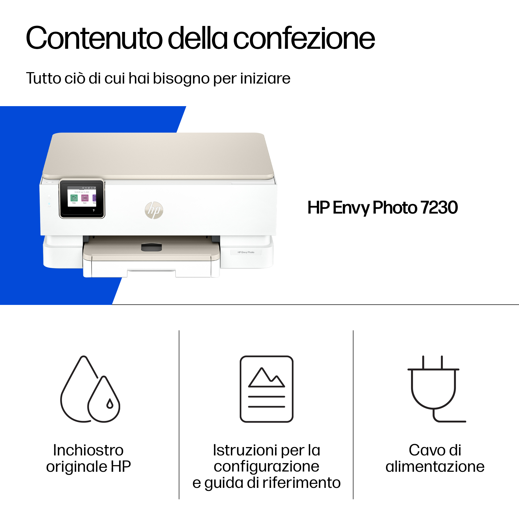 Stampante HP Envy Photo 7230 con inchiostro, istruzioni e cavo.