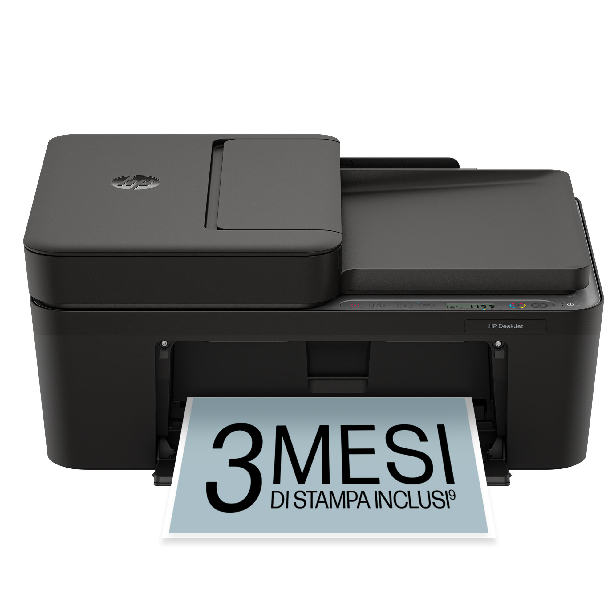 Stampante HP DeskJet nera con carta che mostra '3 mesi di stampa inclusi'.