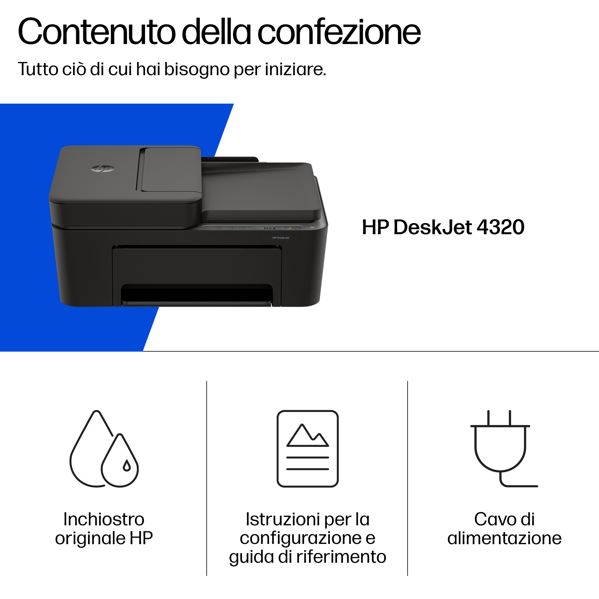 Stampante HP DeskJet 4320, inchiostro, manuale e cavo alimentazione.