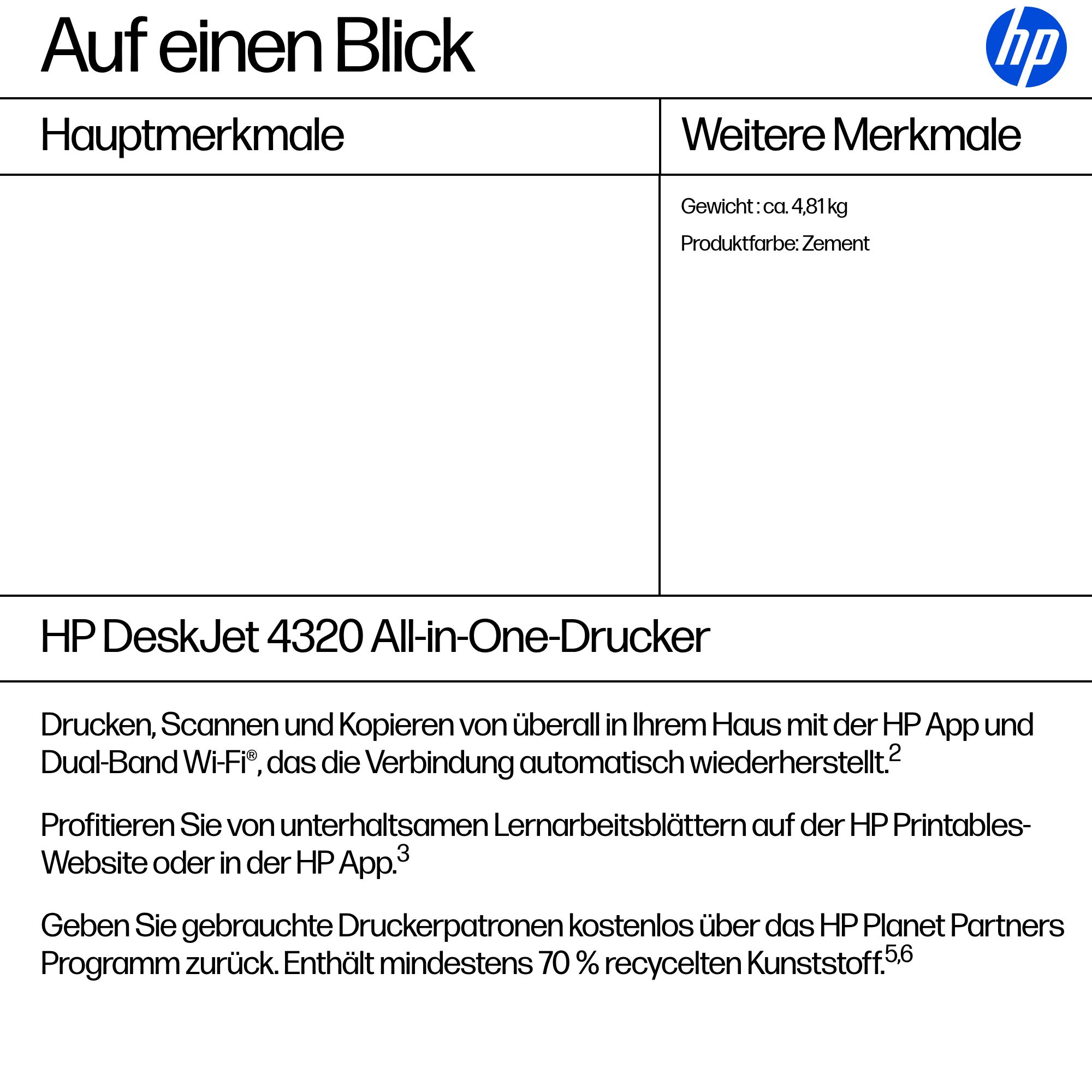 HP DeskJet 4320 Drucker: Drucken, scannen, kopieren, WLAN, 4.81kg.