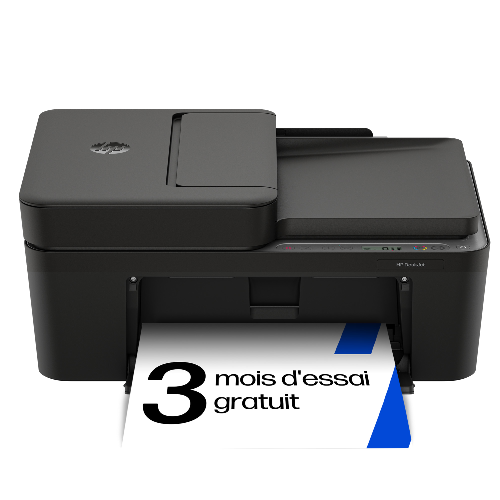 Imprimante HP noire avec papier affichant "3 mois d'essai gratuit".