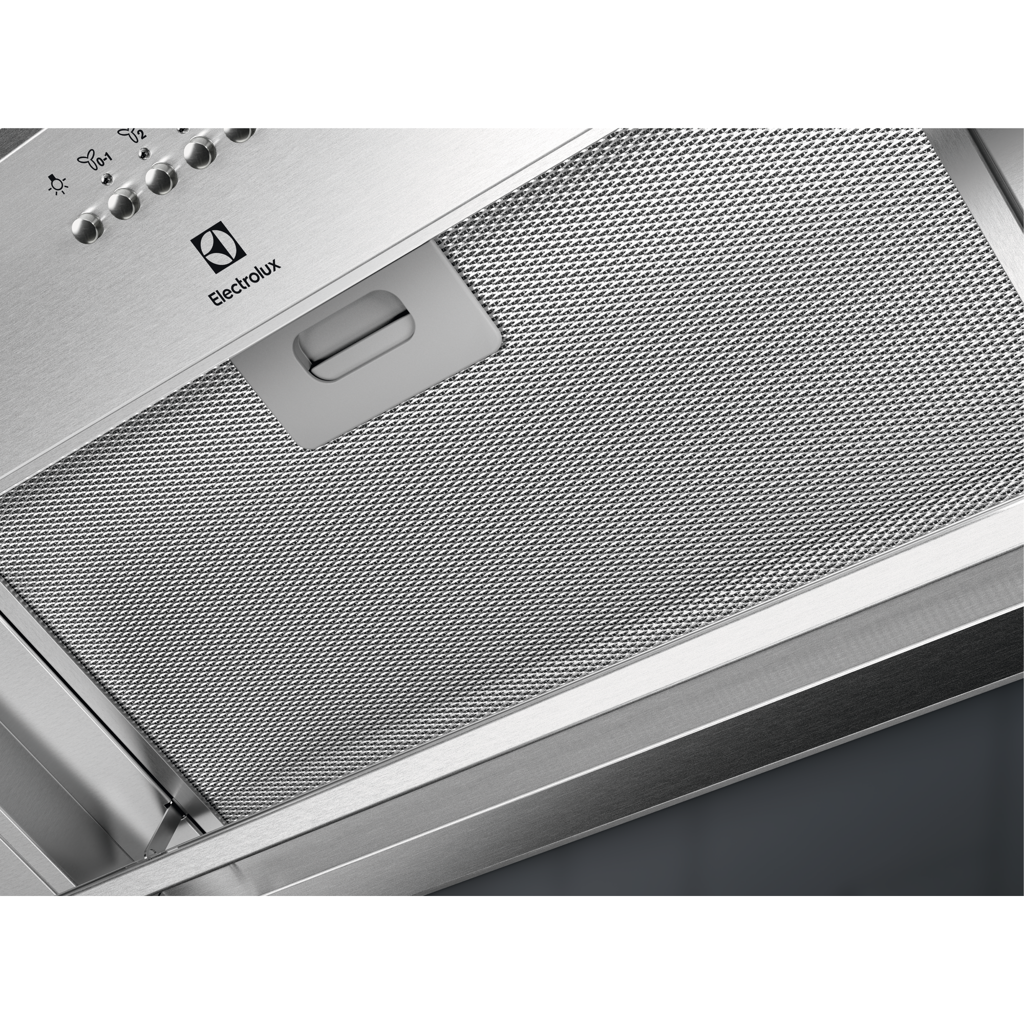 Okap ze stali nierdzewnej z przyciskami i logo Electrolux.