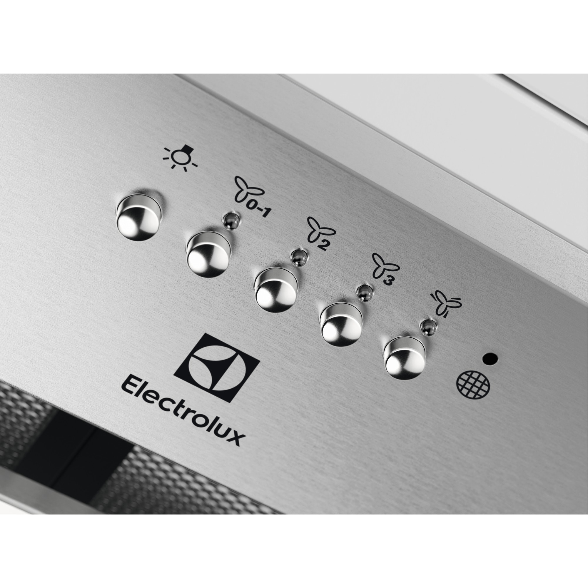 Logo Electrolux na szczotkowanym panelu metalowym z przyciskami prędkości wentylatora i światła.