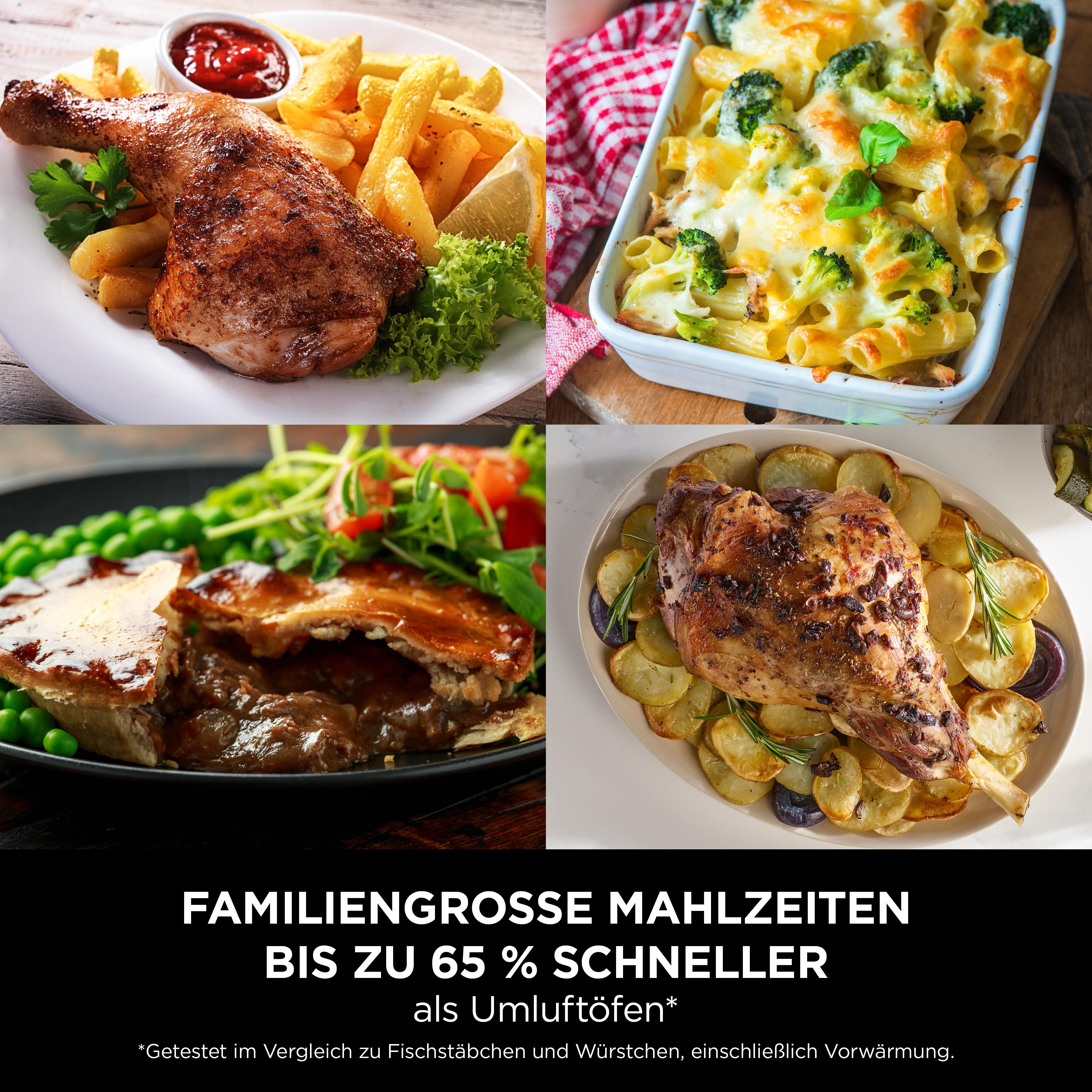 Vier Gerichte: Brathähnchen mit Pommes, Nudelauflauf, Pastete und Lammkeule.