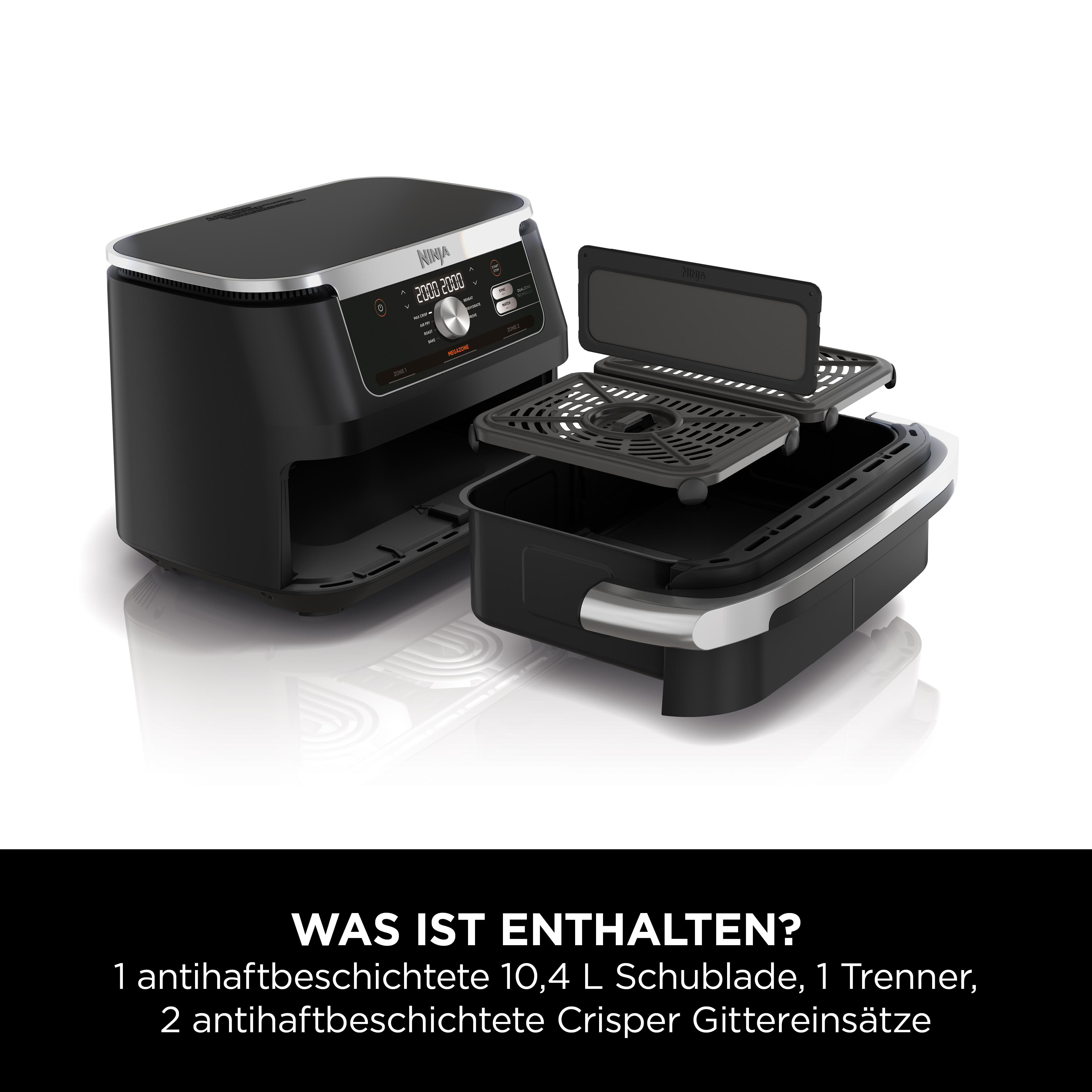 Ein schwarzer Ninja Heißluftfritteuse mit Schublade und Einsätzen.