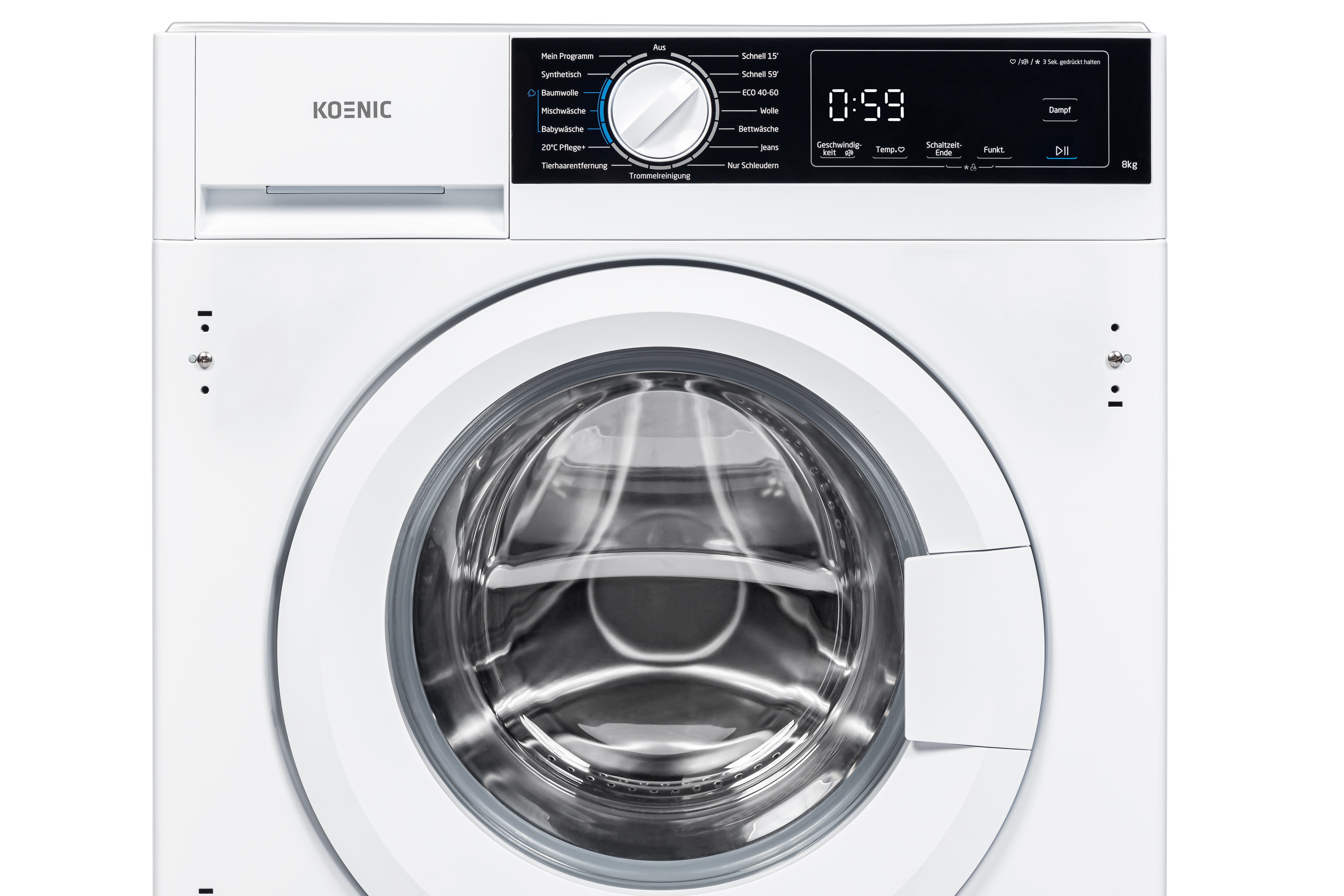 Weiße Koenic Waschmaschine mit digitaler Anzeige und Programmwahl.