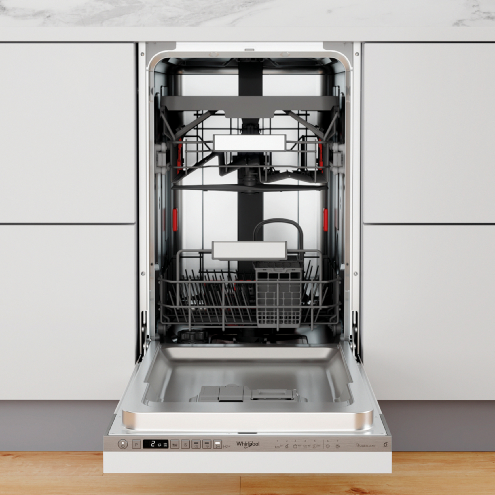 Otwarta zmywarka z dwoma koszami i pojemnikiem na sztućce. Biały front.