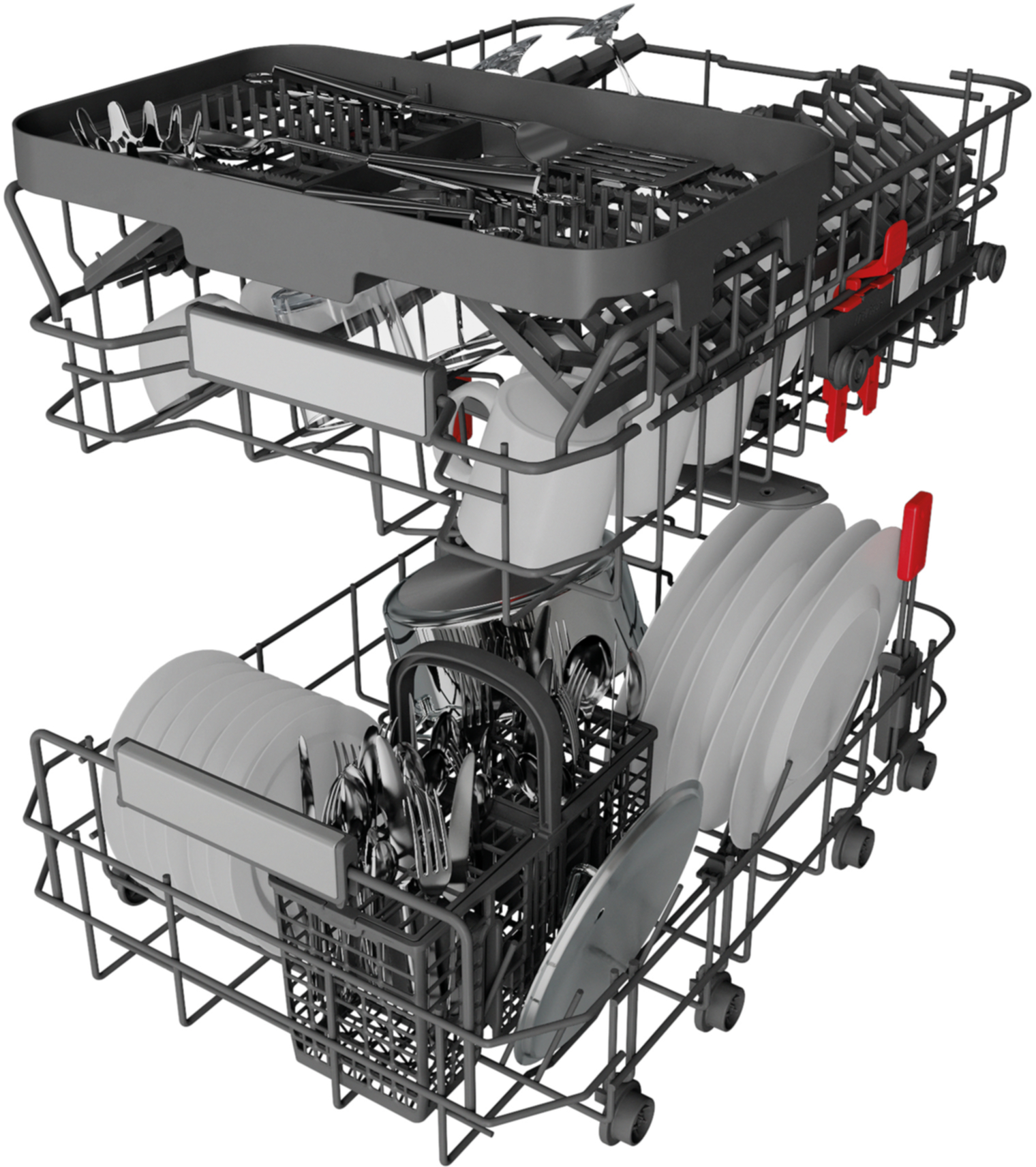 Kosz zmywarki z talerzami, kubkami i sztućcami.