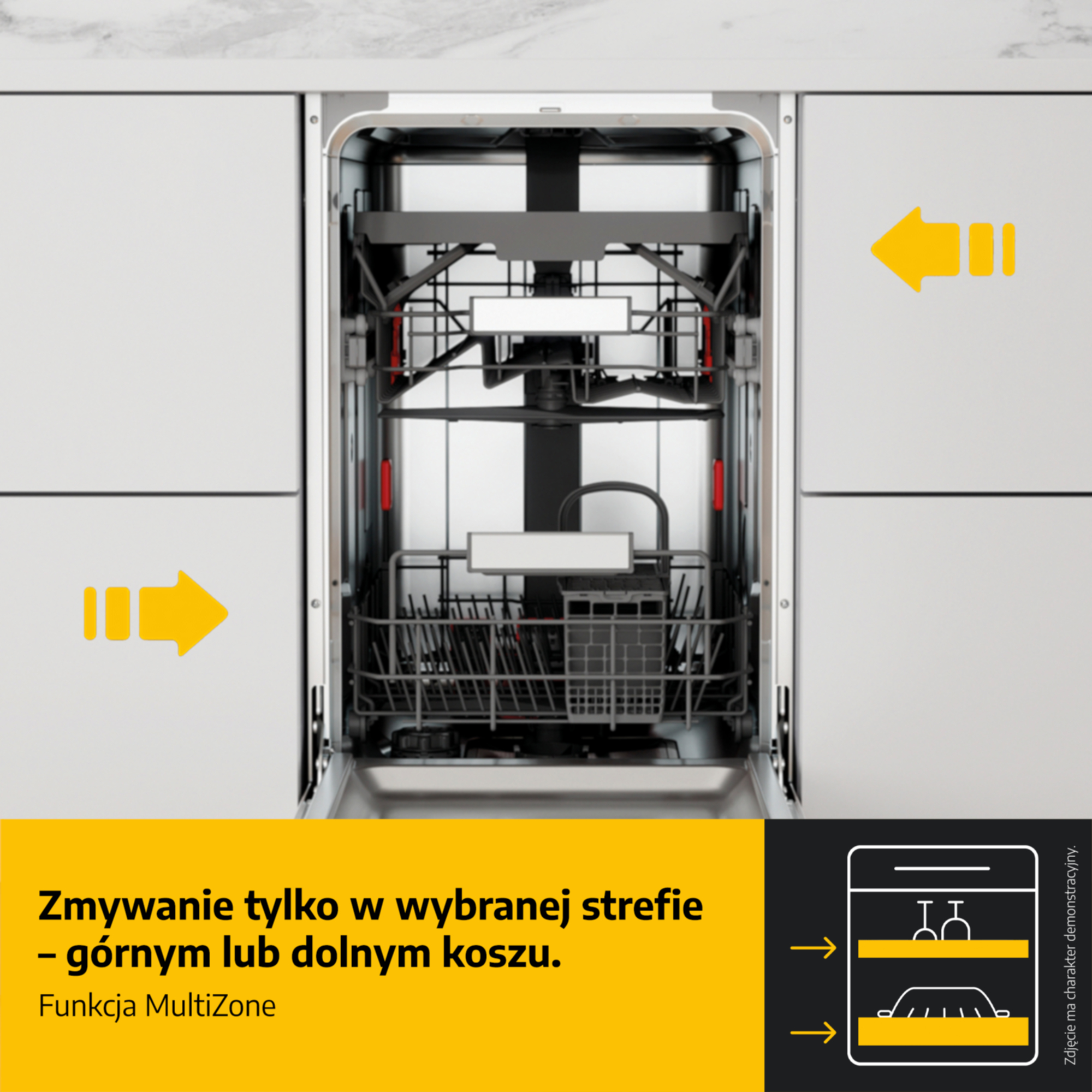 Otwarta zmywarka z górnym i dolnym koszem. Żółte strzałki wskazują kosze.