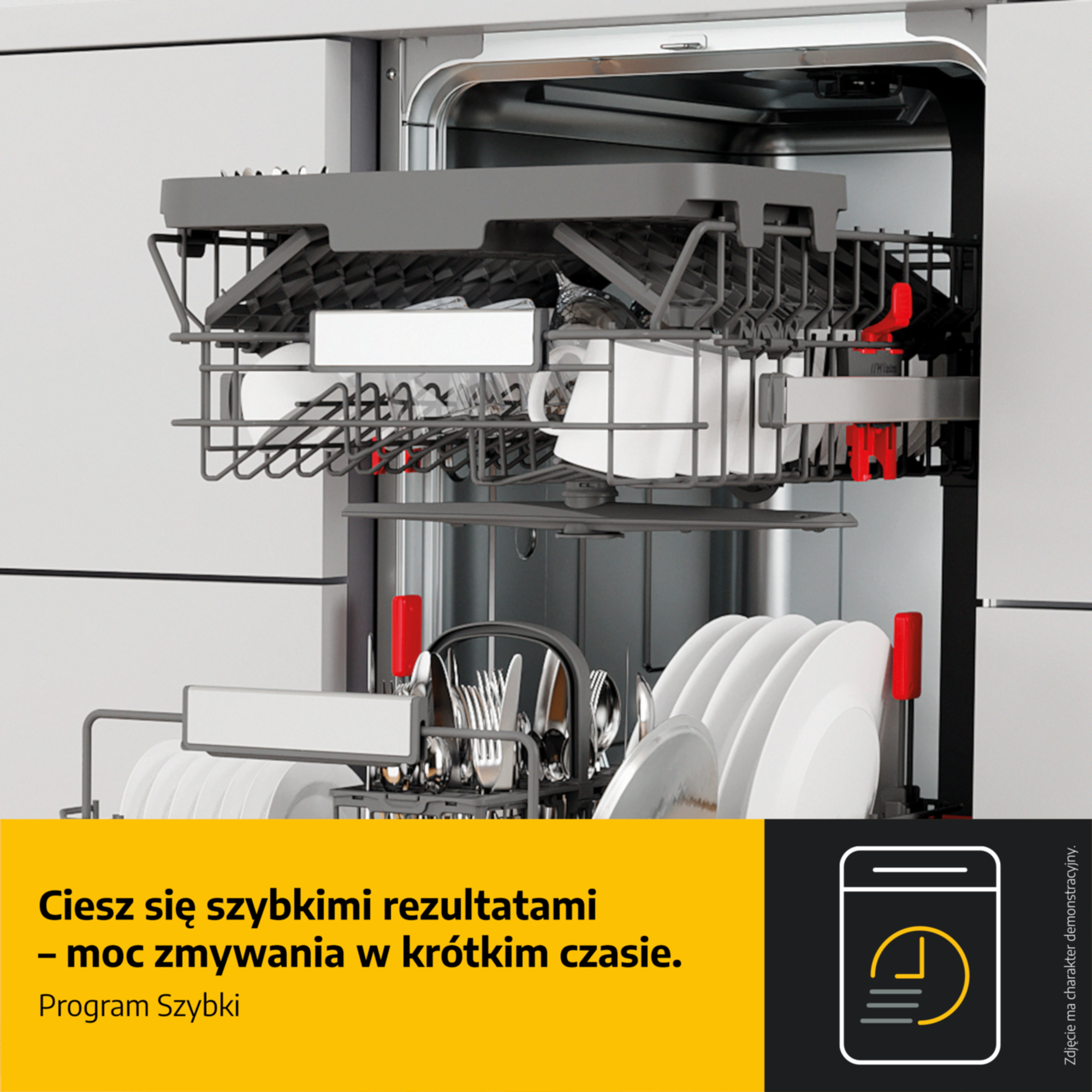 Wnętrze zmywarki z koszami na talerze, kubki, sztućce. Żółty obszar z tekstem.