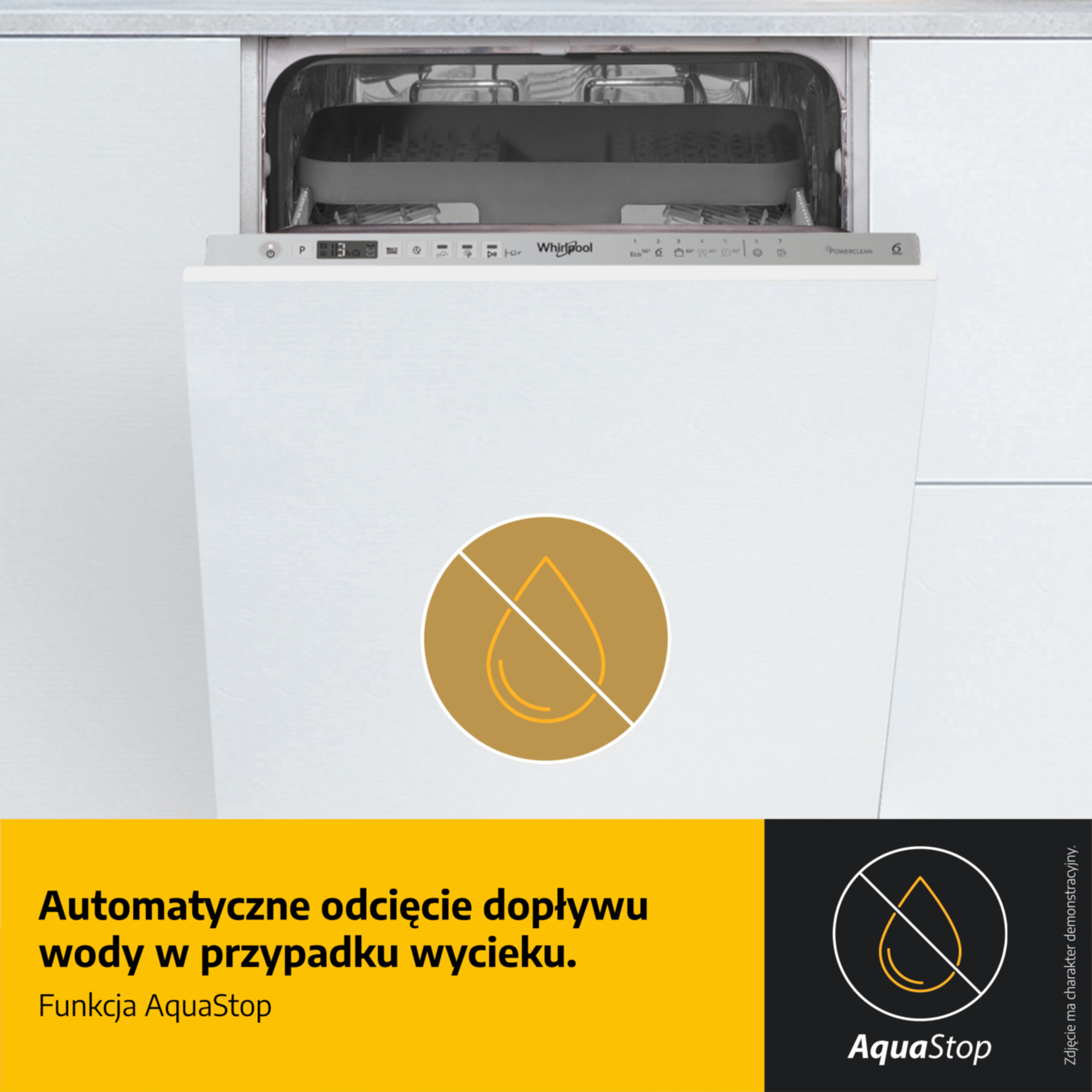 Zmywarka z otwartymi drzwiami, panelem sterowania i symbolem AquaStop.