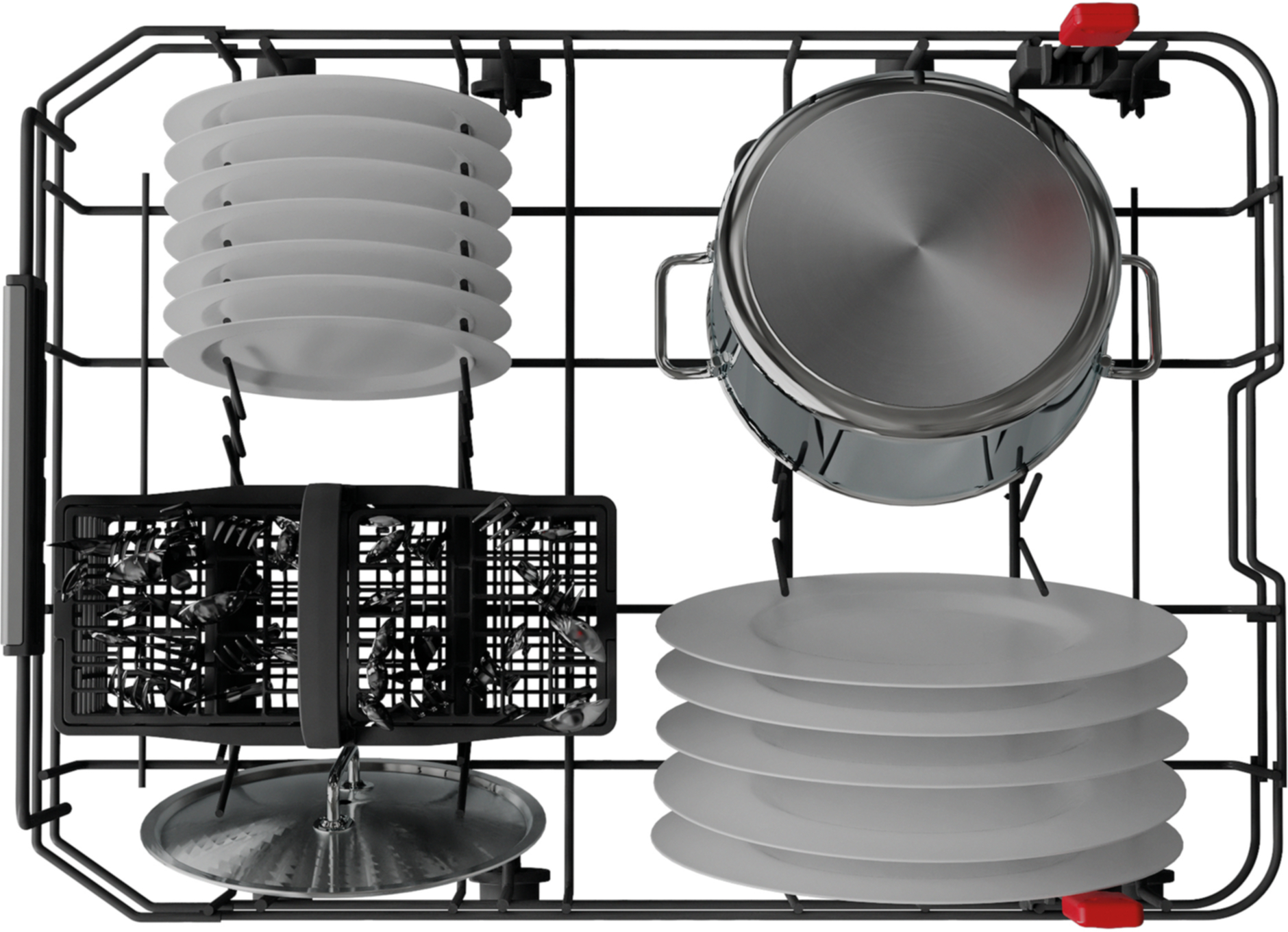Kosz zmywarki z talerzami, garnkiem i koszem na sztućce.