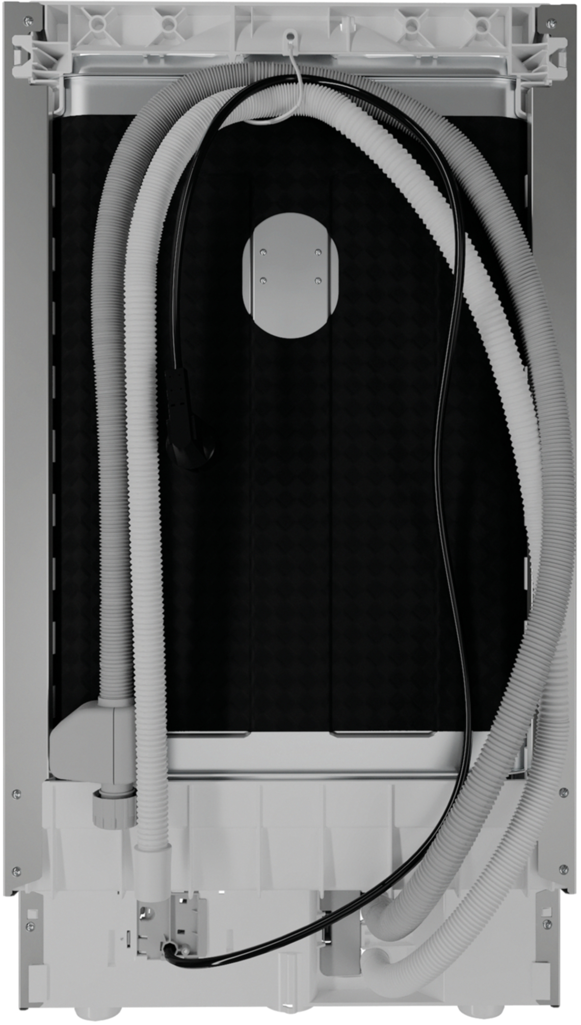 Tył urządzenia pokazujący czarne i białe węże i kable.