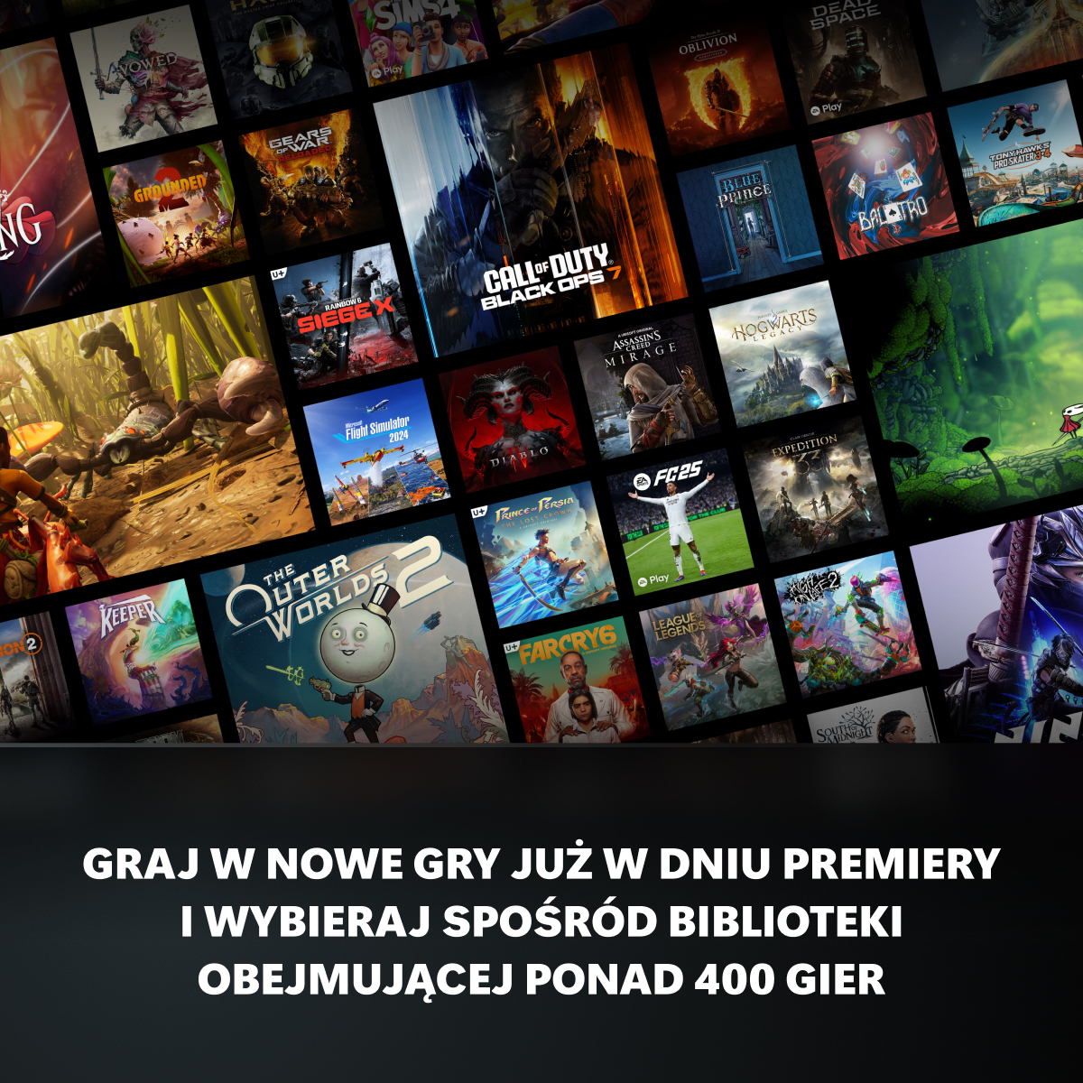 Kolaż okładek gier: Call of Duty, Sims 4, Far Cry 6, Hogwarts Legacy.