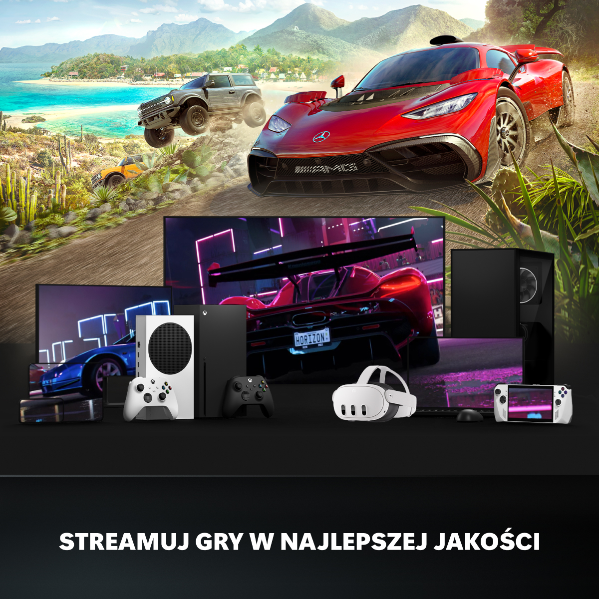 Czerwone i szare samochody wyścigowe na drodze wyspy z konsolami i VR.