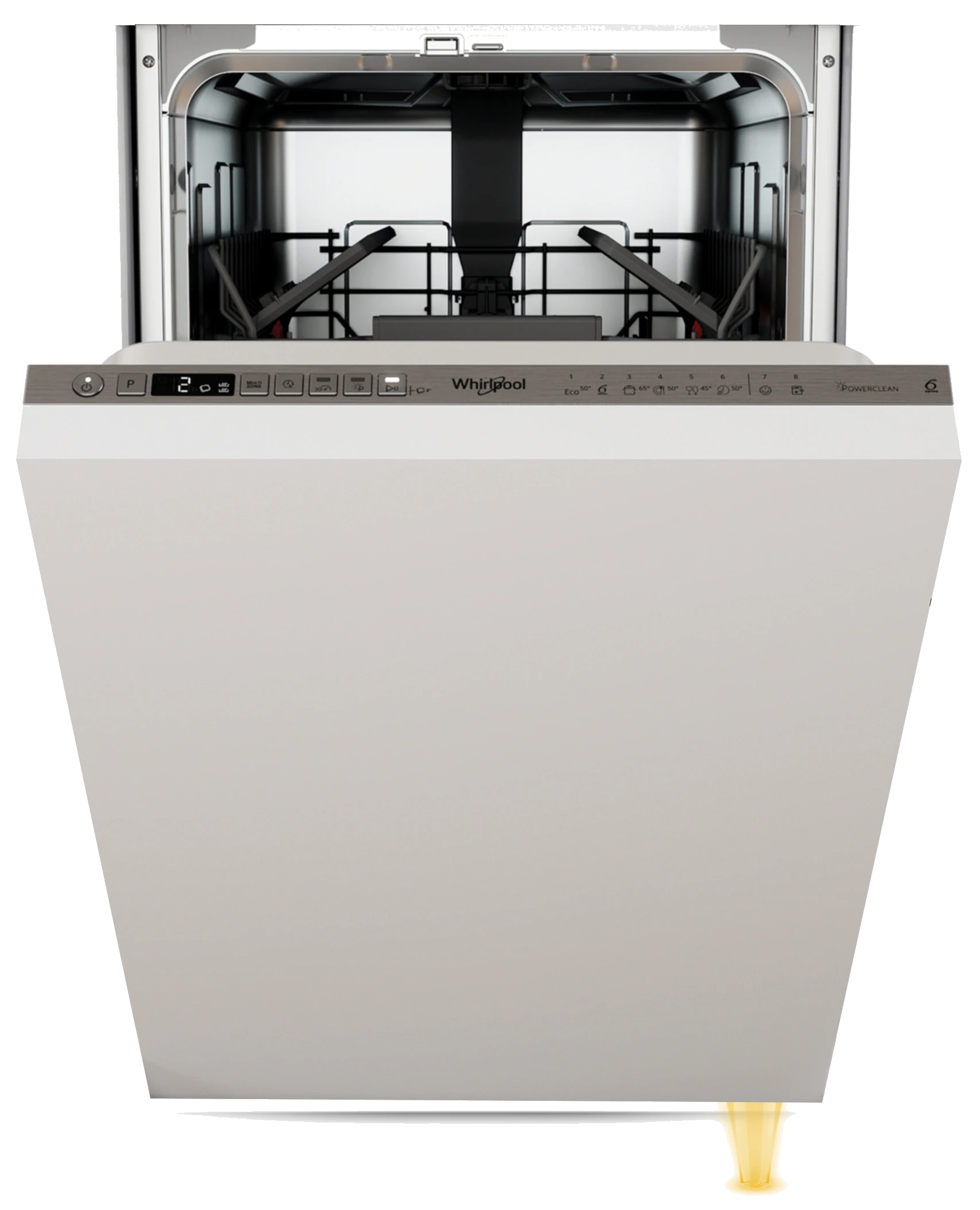 Otwarta biała zmywarka z panelem sterowania i wnętrzem.