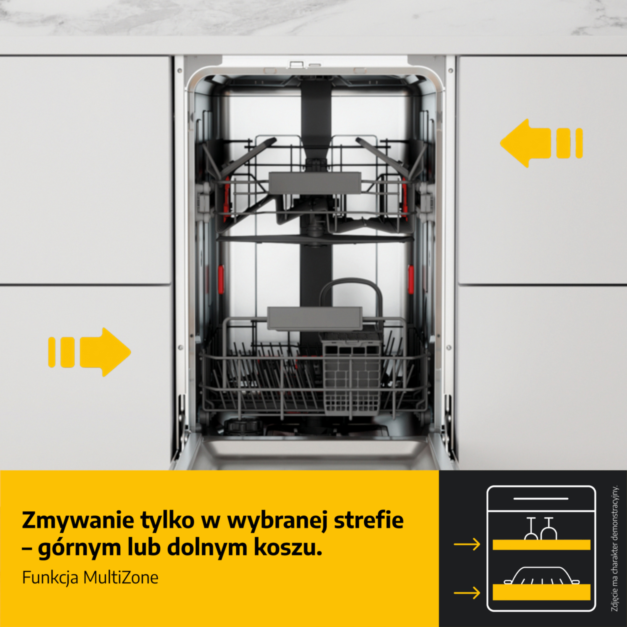 Otwarta zmywarka z dwoma koszami i żółtymi strzałkami. Funkcja MultiZone.