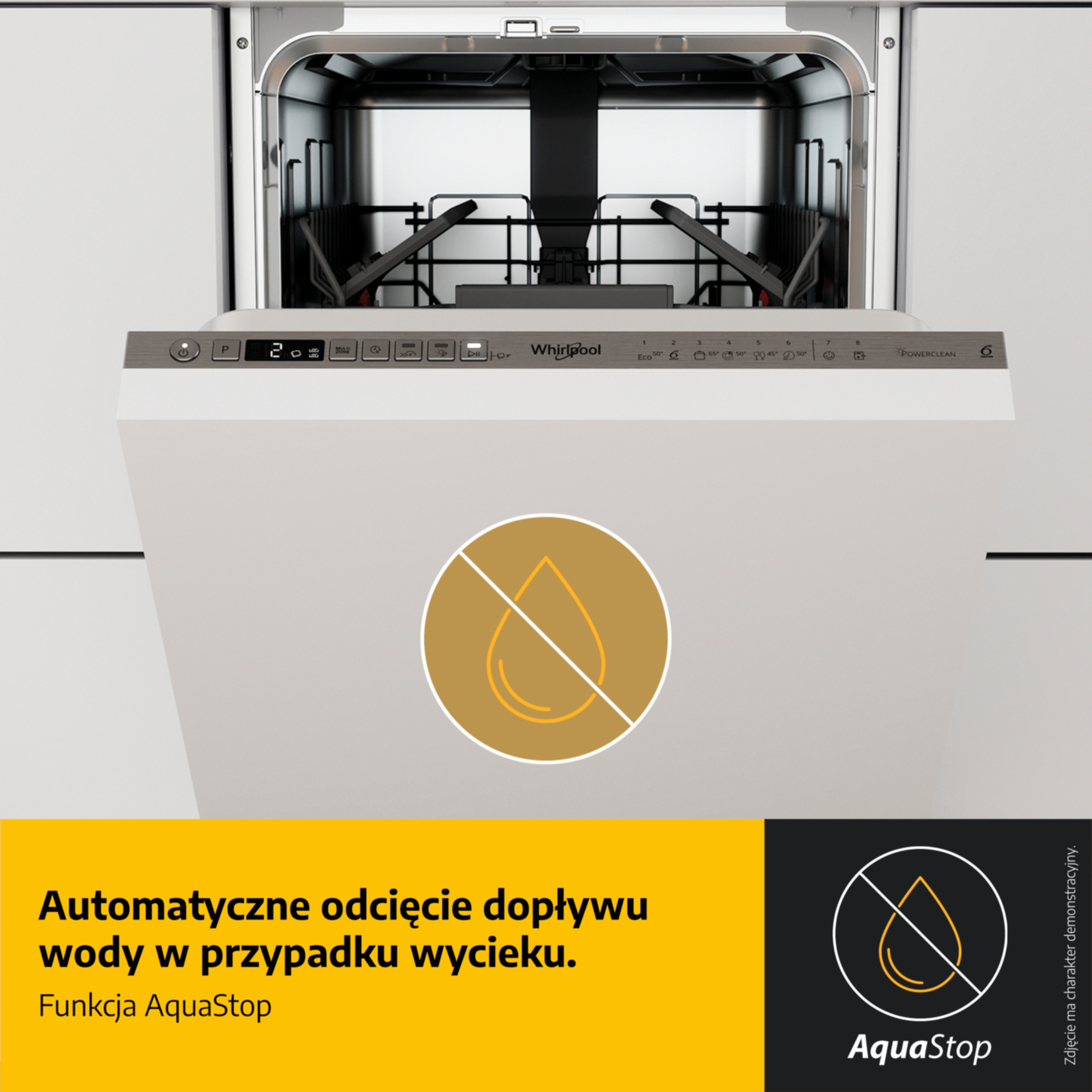 Zmywarka z otwartymi drzwiami i panelem sterowania. Symbol AquaStop.