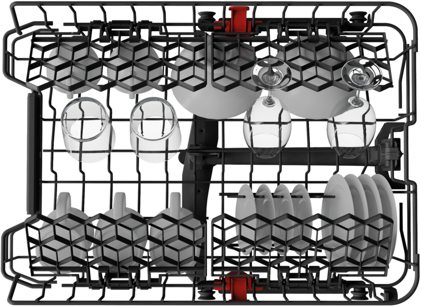 Kosz zmywarki ze szklankami, kubkami i talerzami. Białe talerze po prawej stronie.