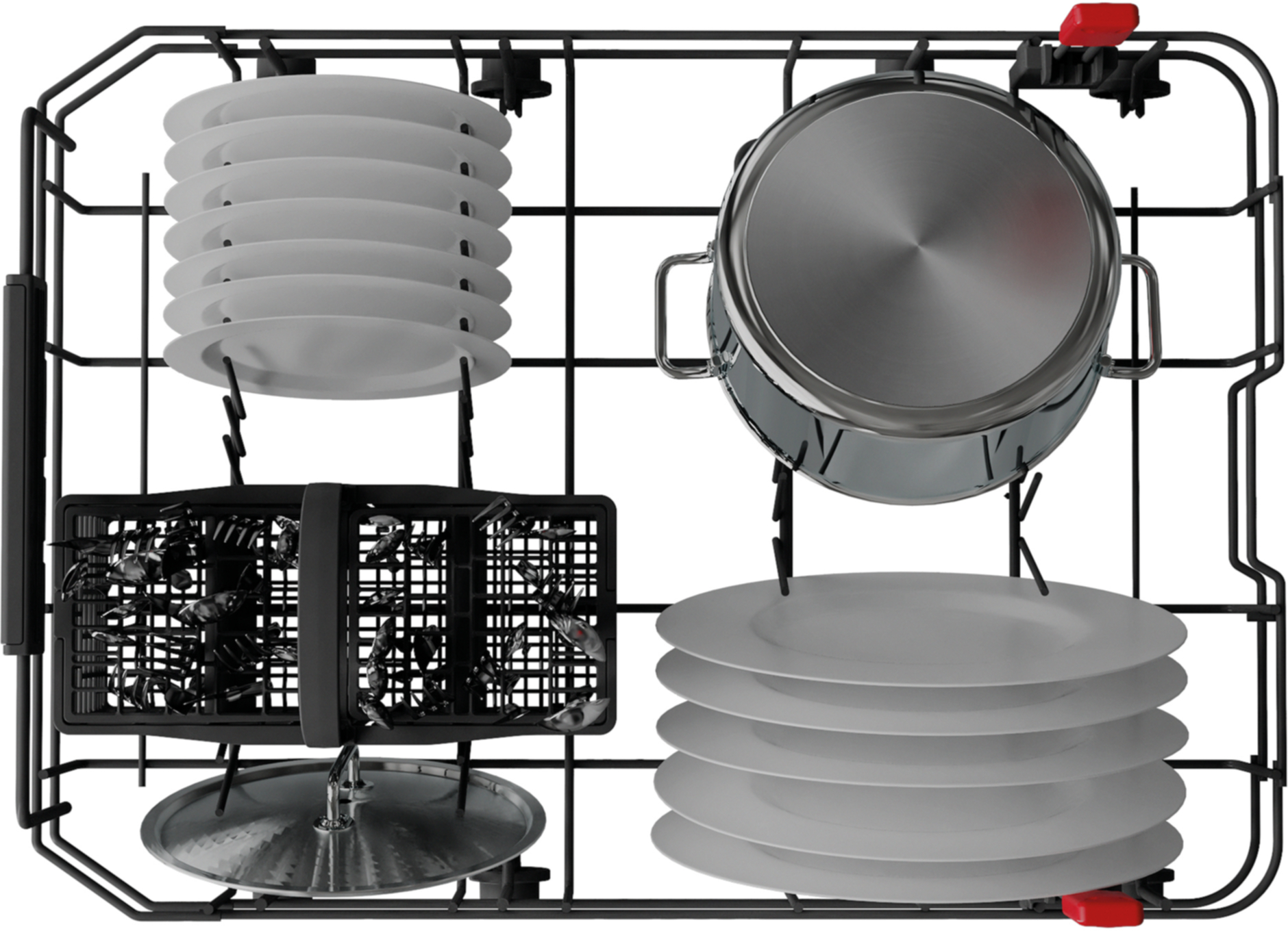Kosz zmywarki z talerzami, garnkiem i koszykiem na sztućce.