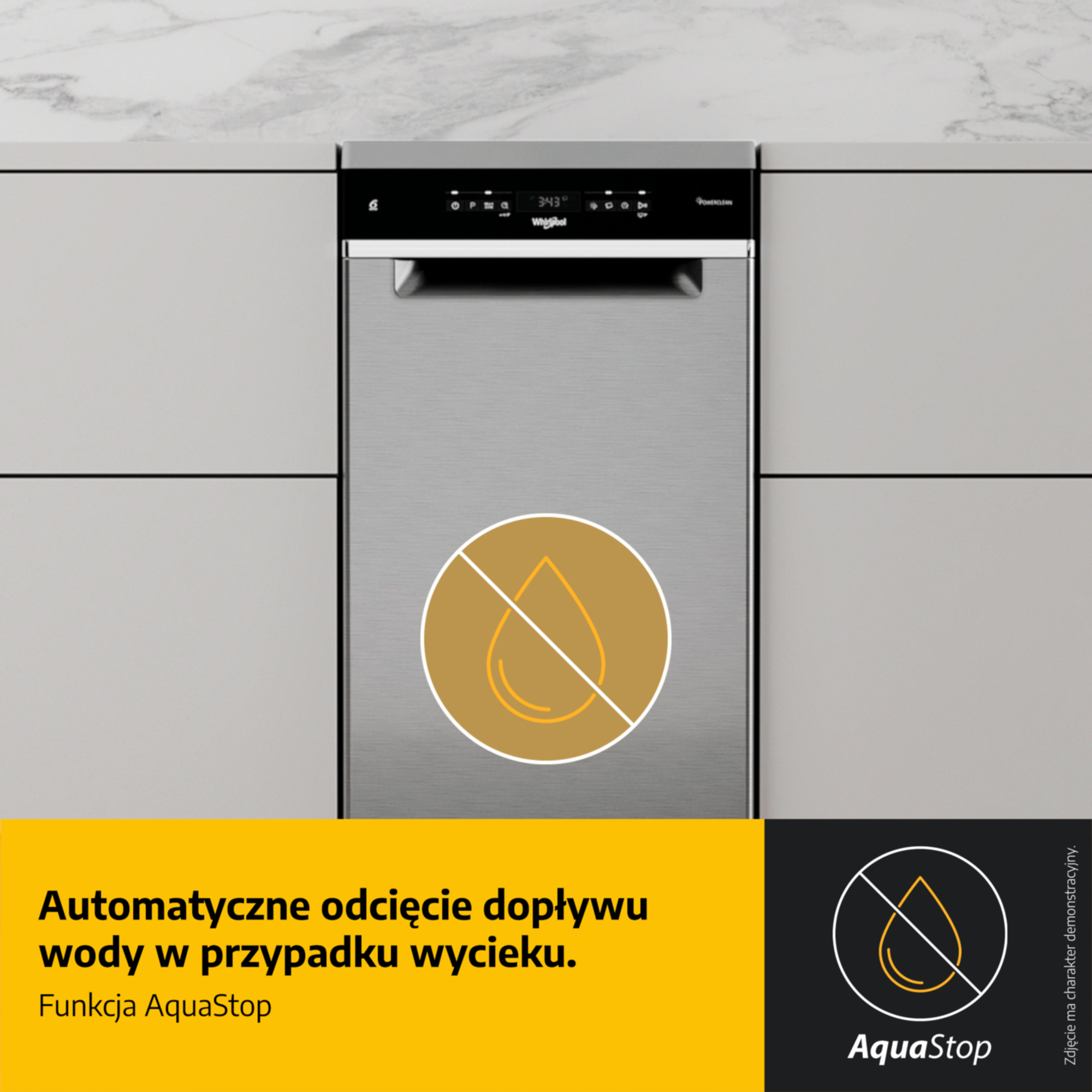 Zmywarka ze stali nierdzewnej z symbolem AquaStop i żółtym polem.