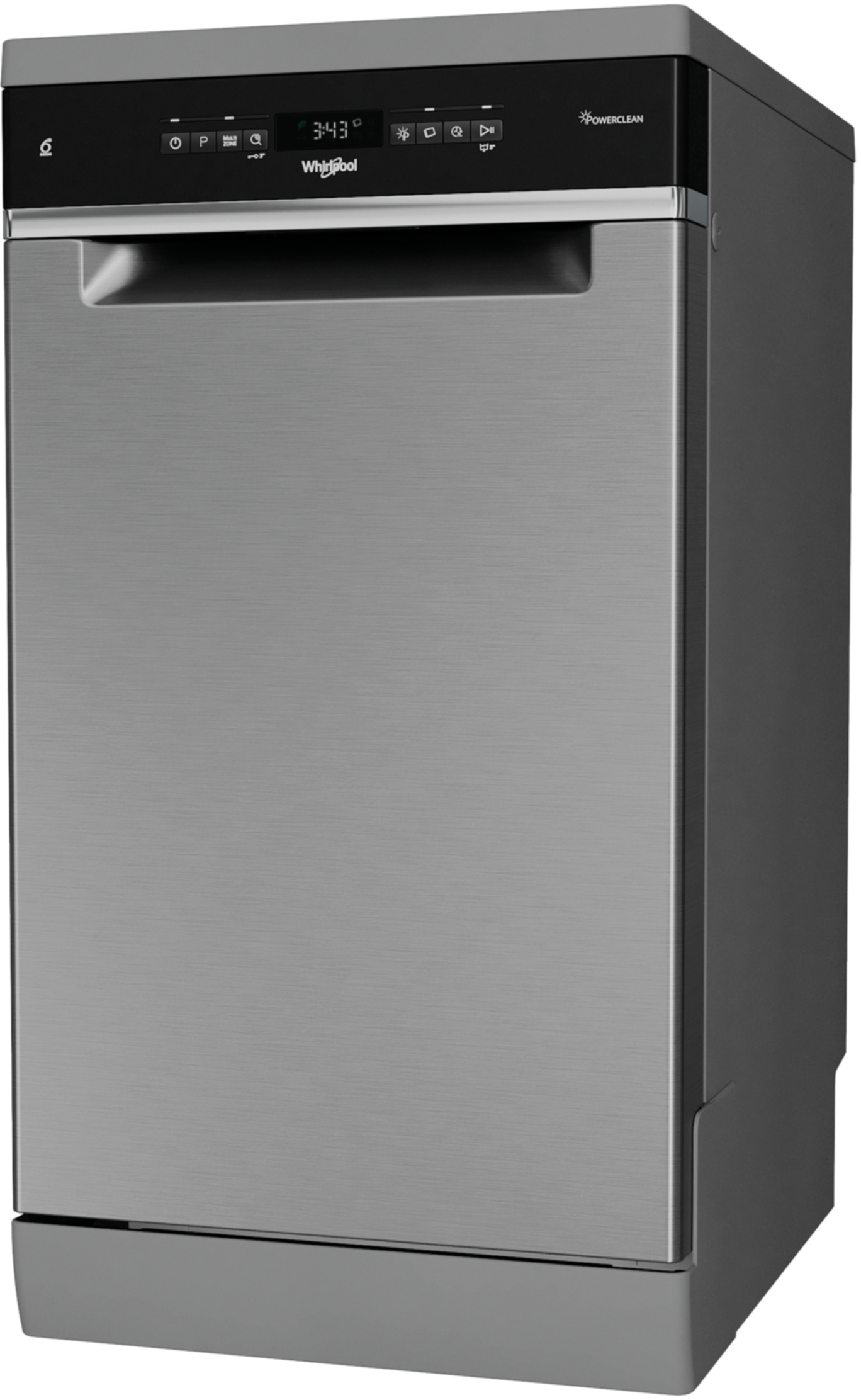 Srebrna zmywarka z czarnym panelem sterowania i cyfrowym wyświetlaczem.