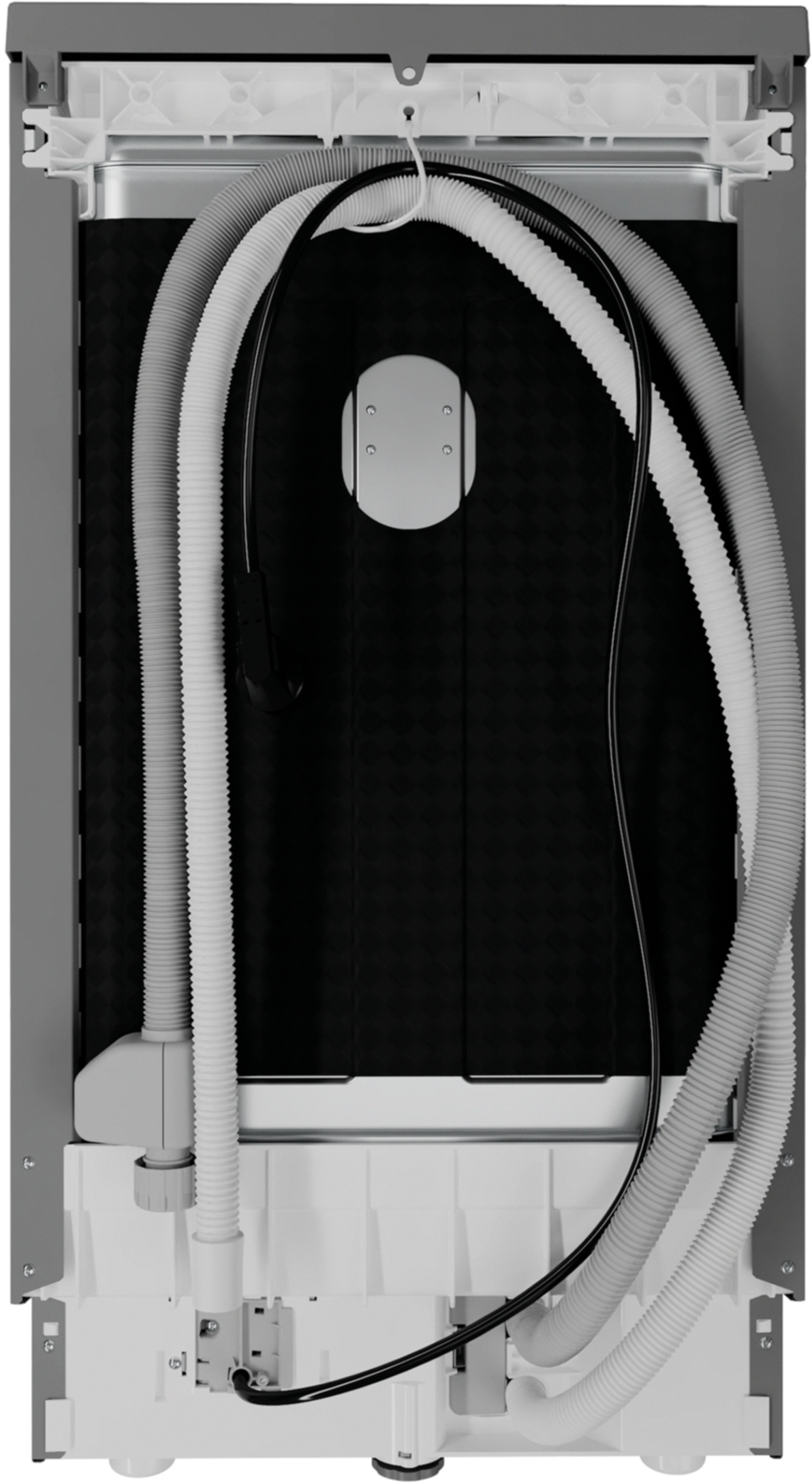 Tył zmywarki z wężami i kablami, na czarnym tle.