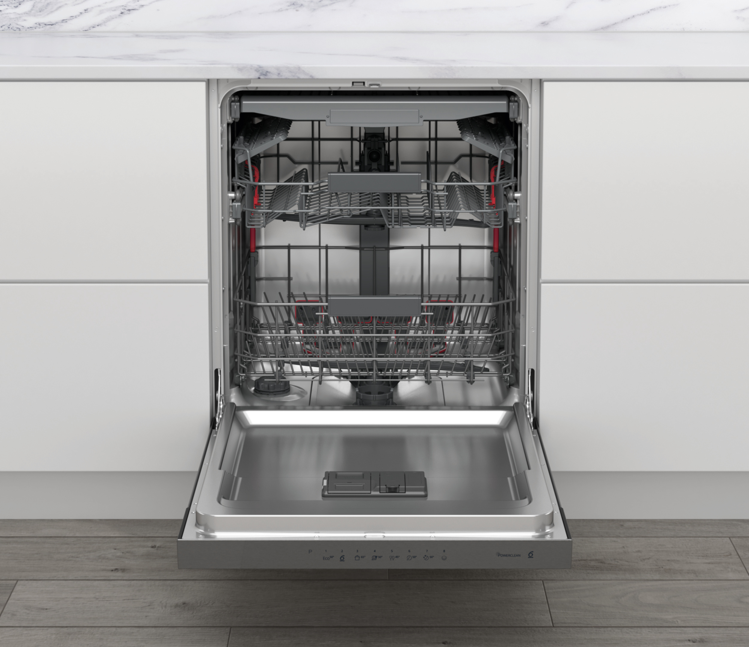 Otwarta zmywarka z dwoma koszami i panelem sterowania.