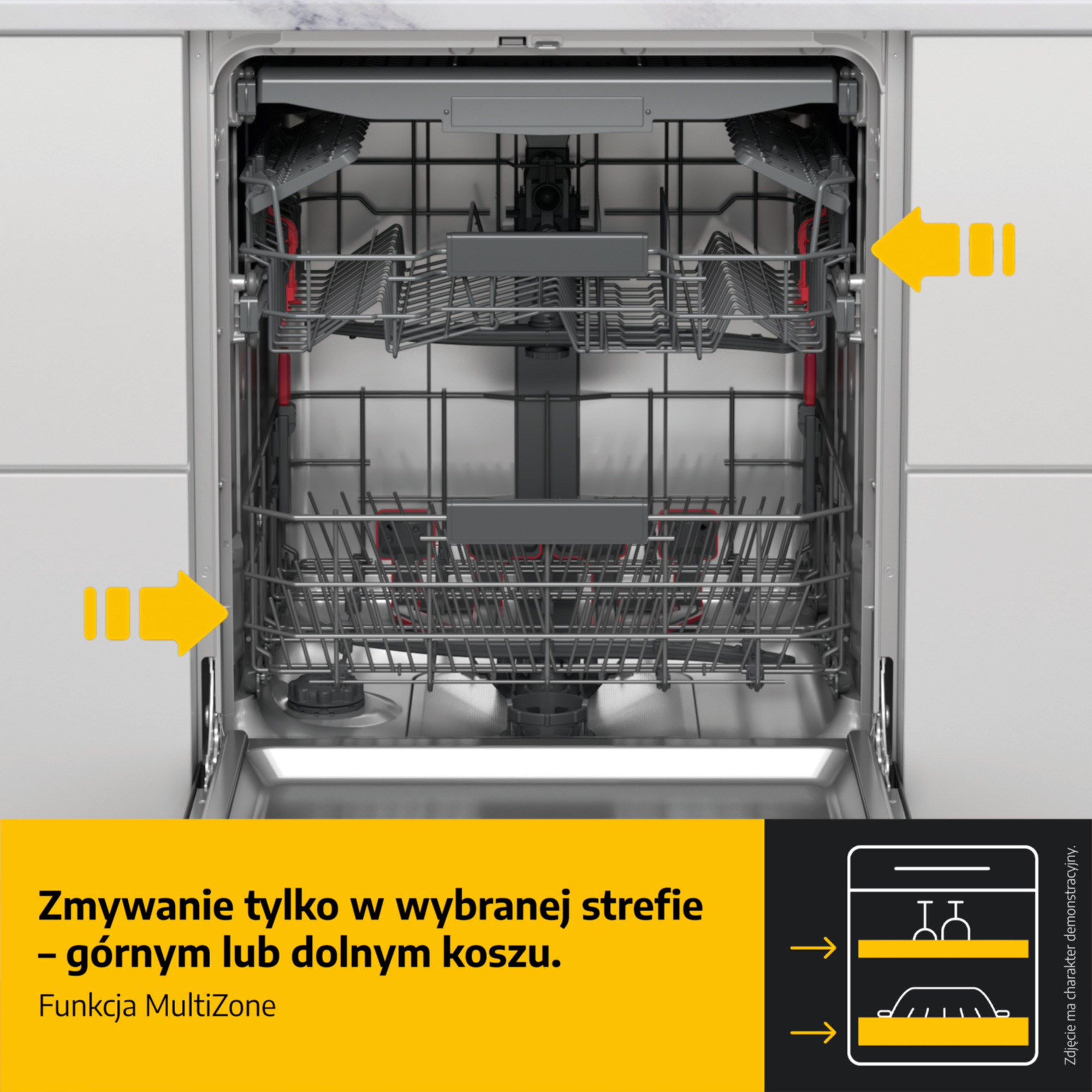 Otwarta zmywarka z dwoma koszami. Żółte strzałki wskazują kosze.