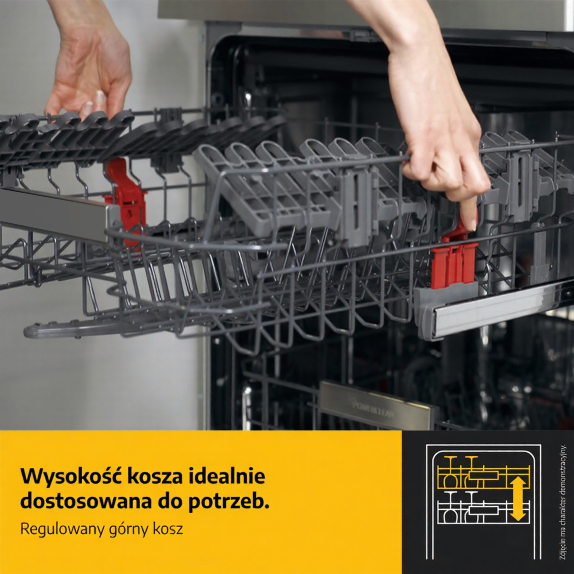 Ręce regulują górny kosz zmywarki. Wysokość kosza jest regulowana.