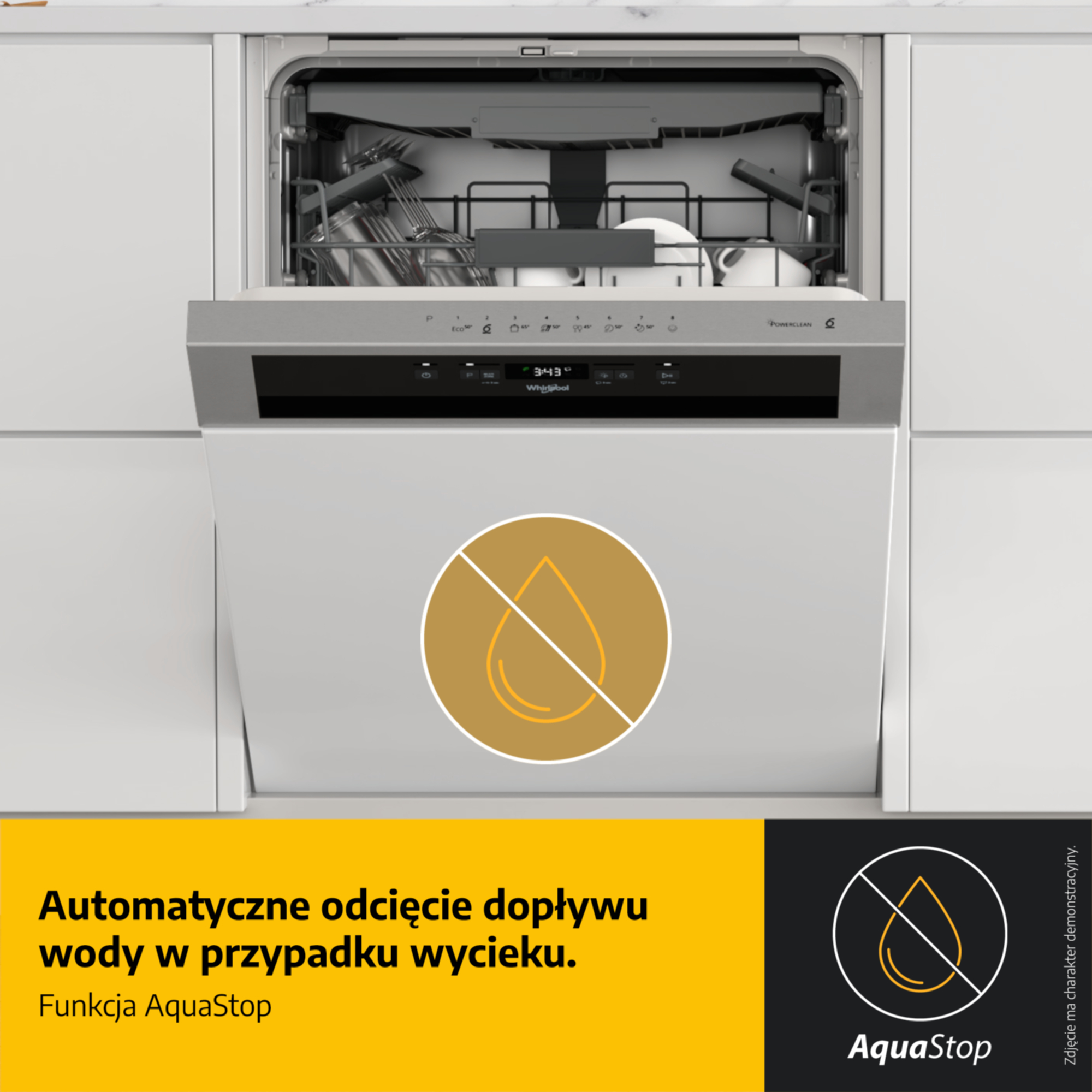 Zmywarka z otwartymi drzwiami, załadowana naczyniami. Logo AquaStop.