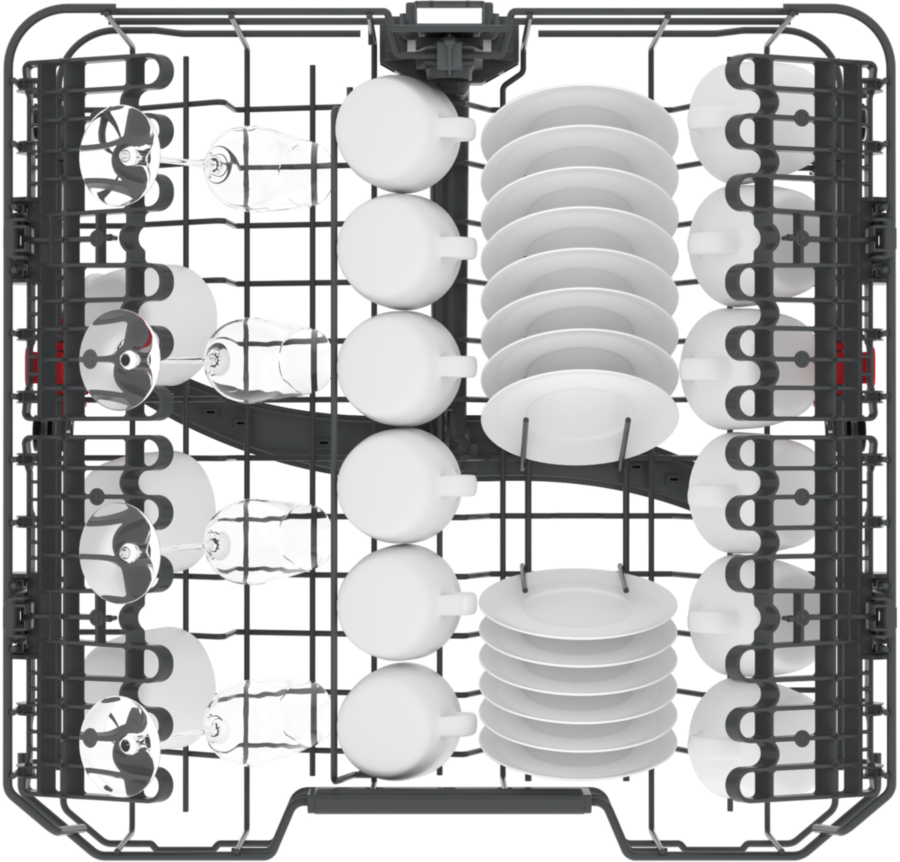 Kosz na naczynia ze szklankami, kubkami i talerzami.