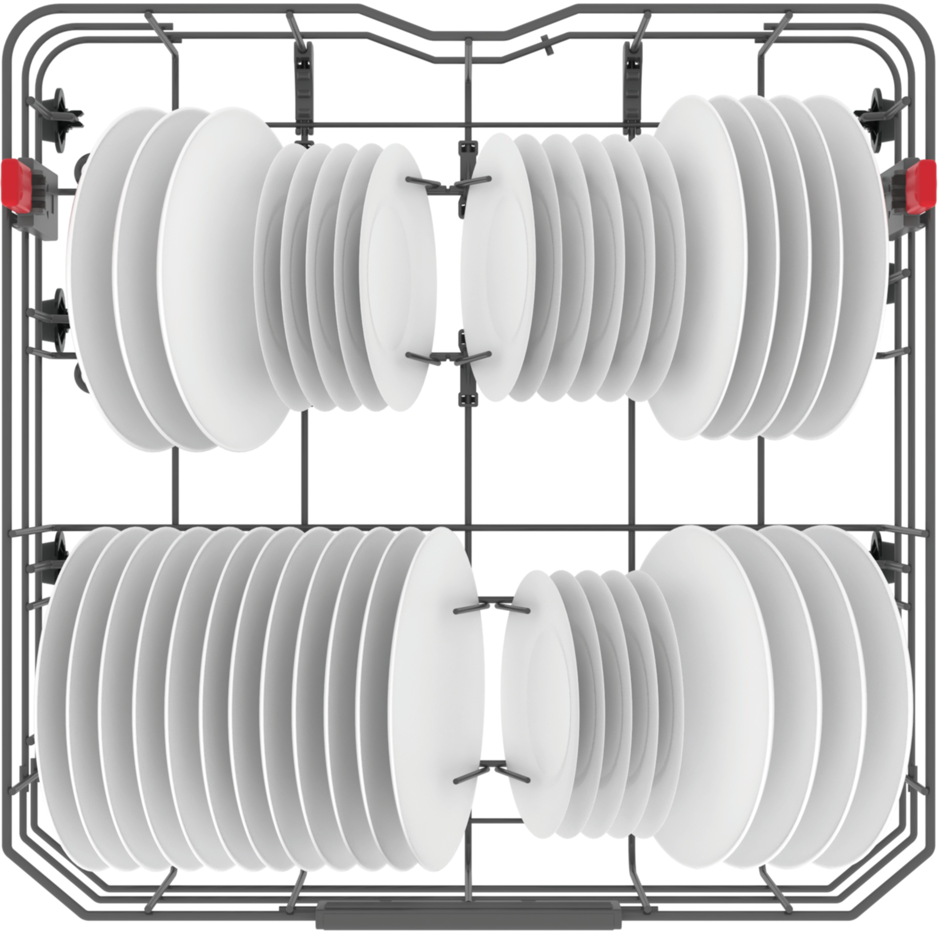 Górny kosz zmywarki z białymi talerzami stojącymi pionowo.