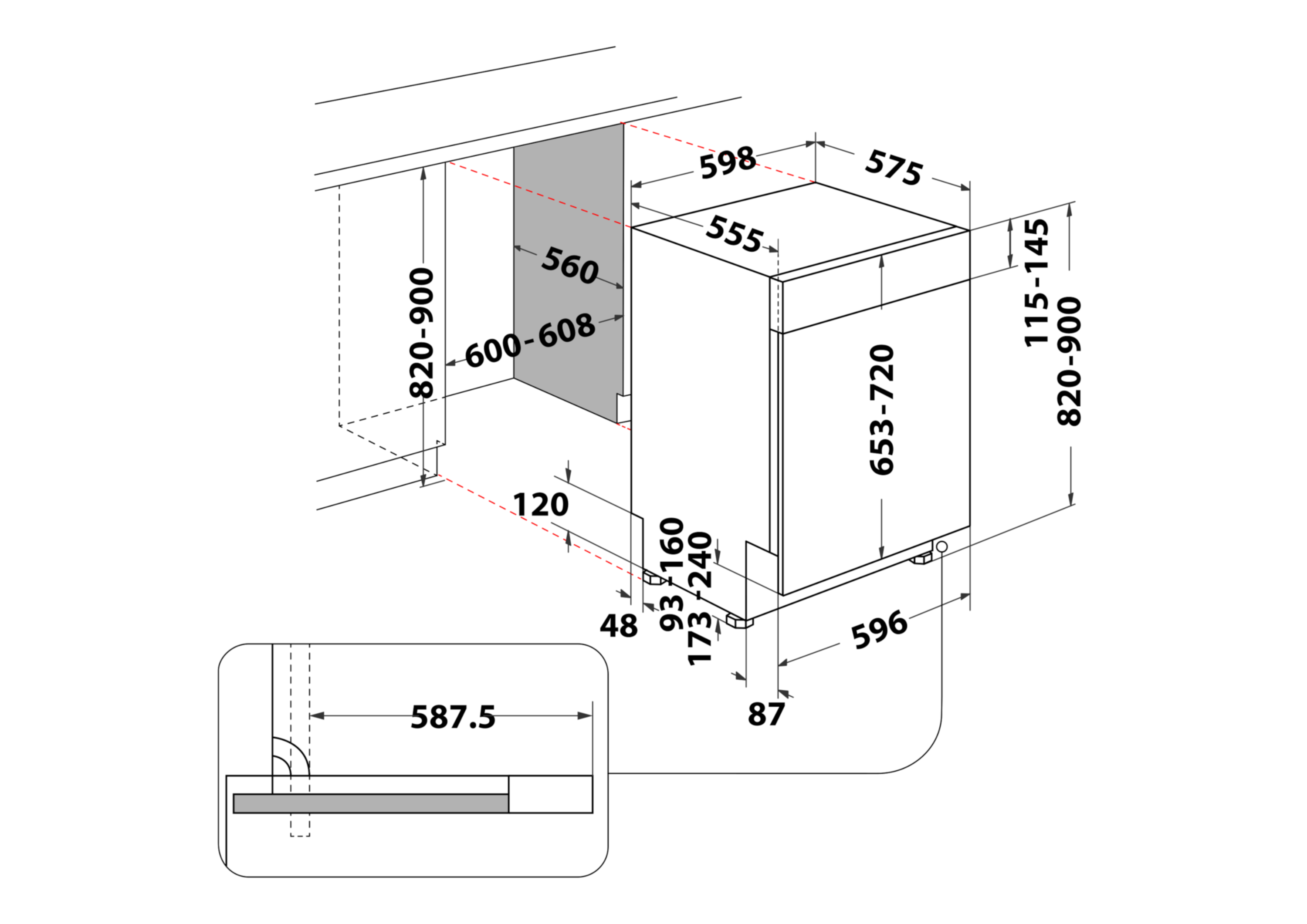 Rysunek techniczny z wymiarami dla urządzenia wbudowanego.