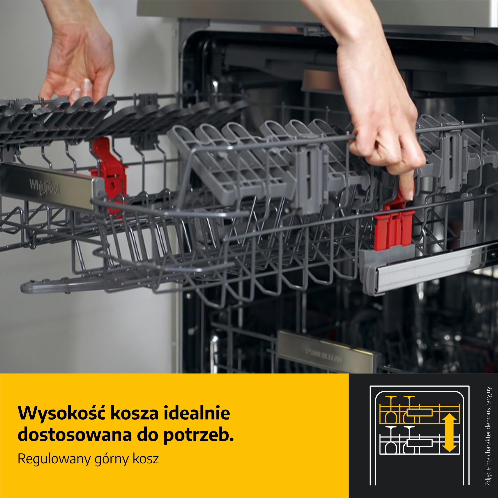 Ręce regulujące górny kosz zmywarki.