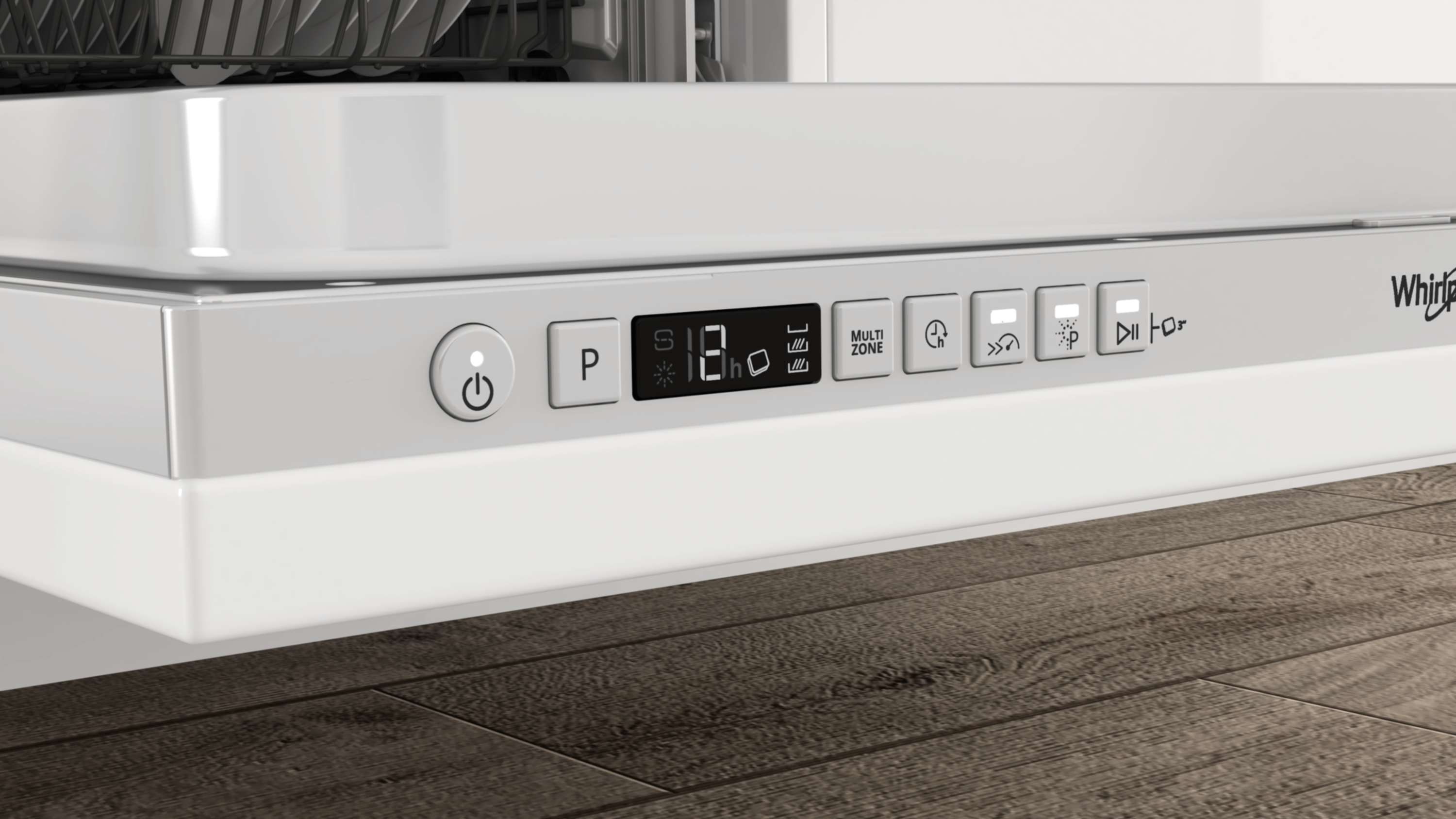 Zbliżenie białego panelu sterowania zmywarki z cyfrowym wyświetlaczem i ikonami.