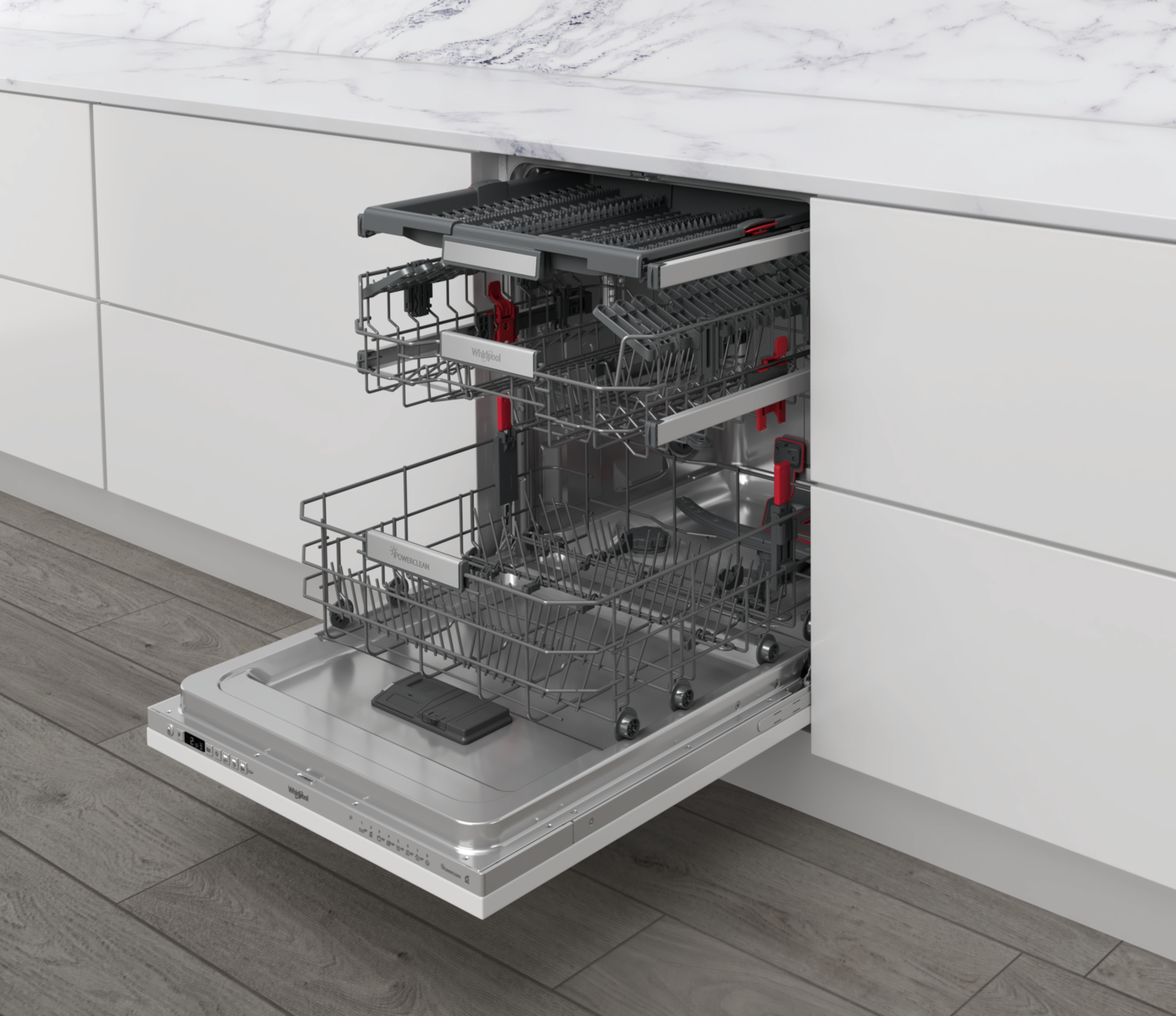 Otwarta zmywarka z wysuniętymi koszami i srebrnymi kratkami wewnątrz.