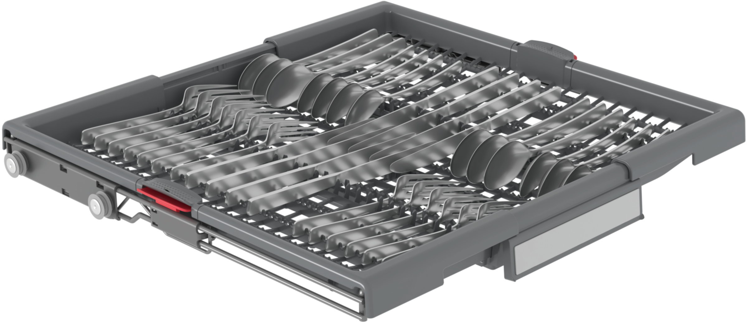 Kosz na sztućce z czystymi sztućcami: łyżkami, widelcami i nożami.