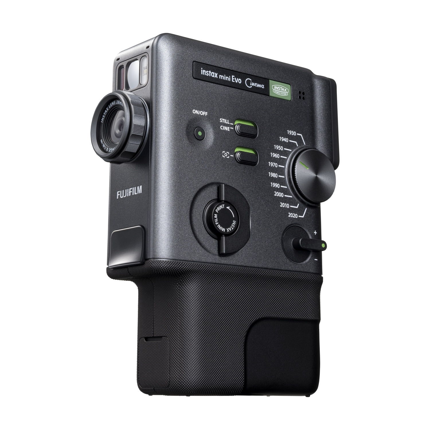 Una fotocamera Fujifilm Instax Mini Evo grigia con obiettivo, impugnatura e quadranti.