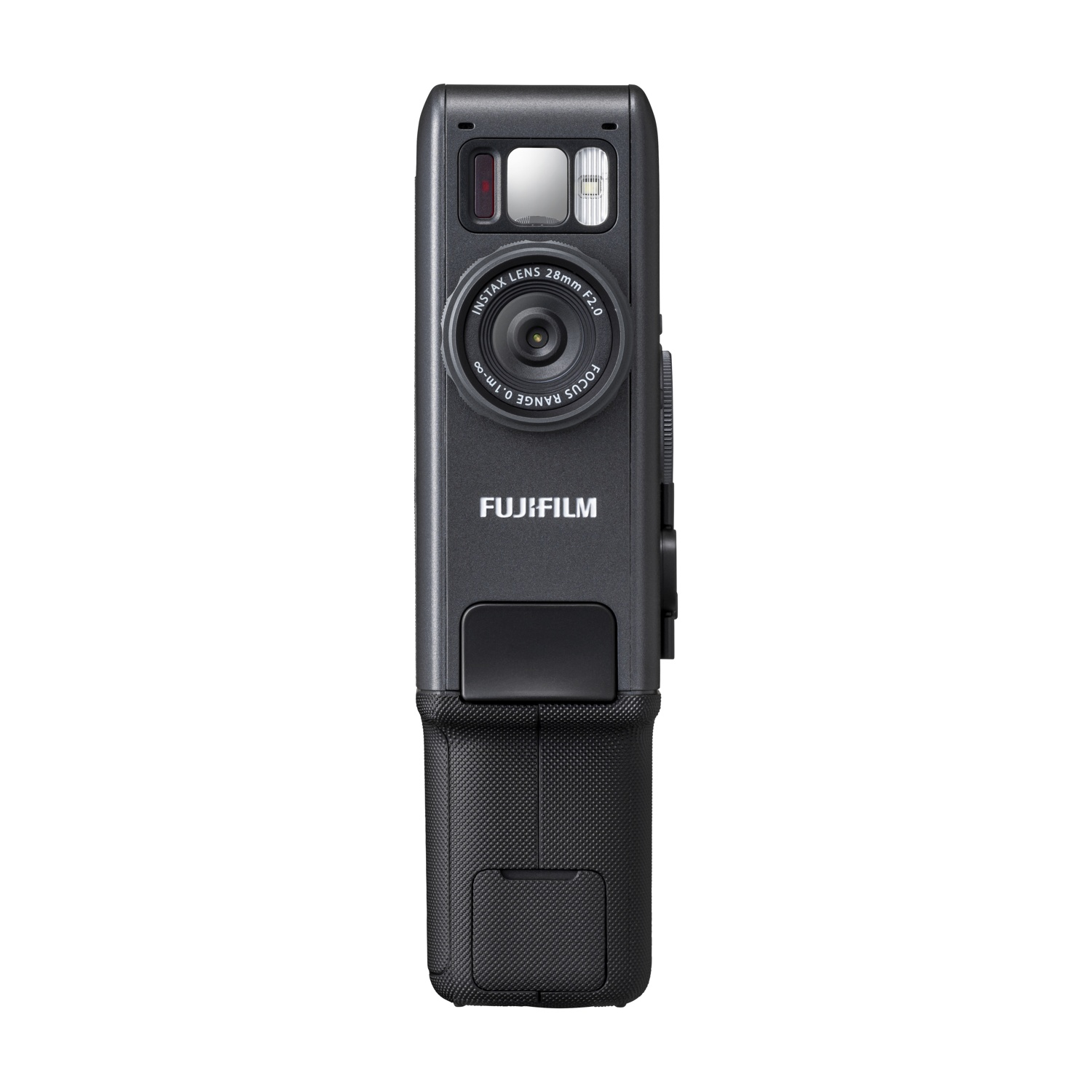 Fotocamera Fujifilm Instax nera con obiettivo, flash e impugnatura.