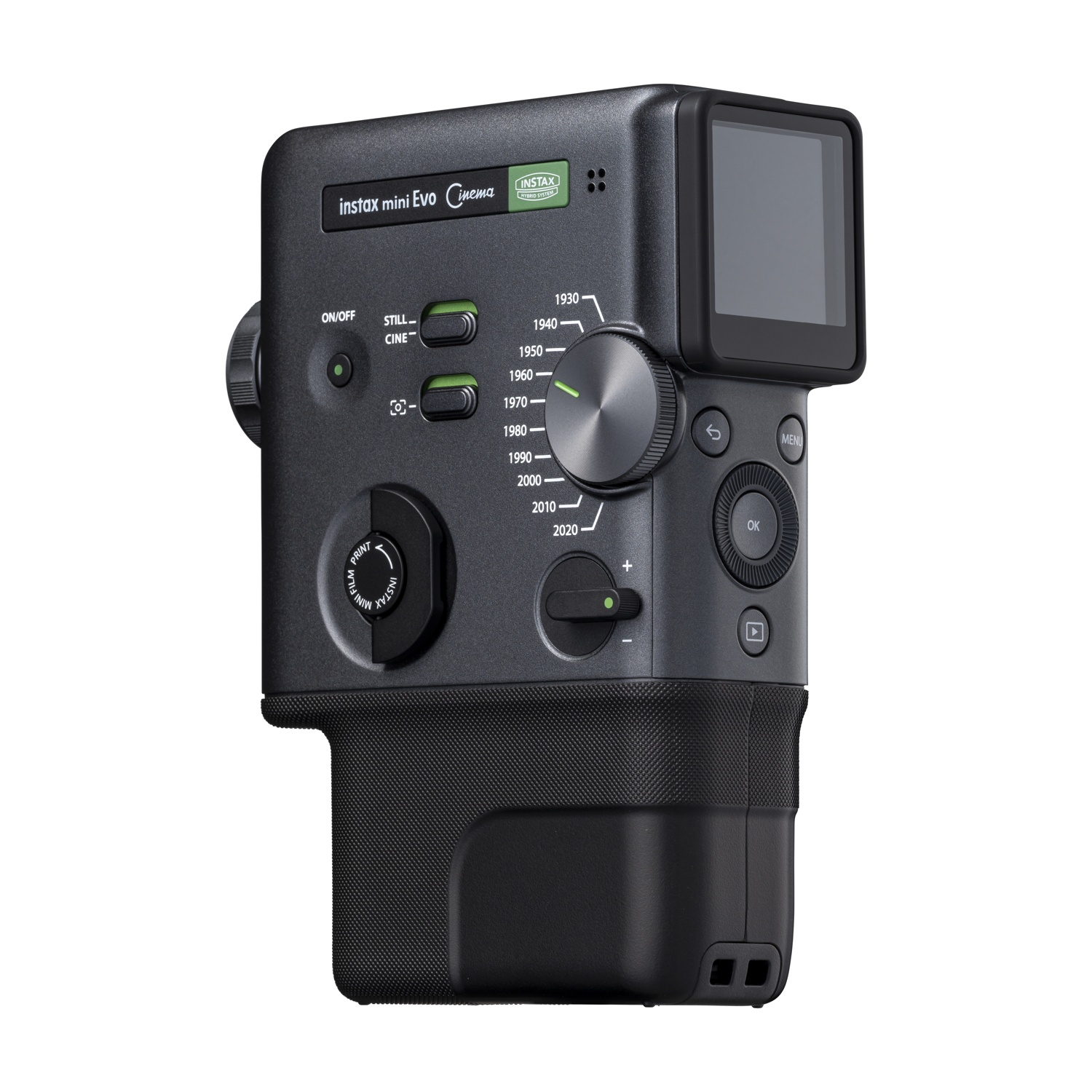 Una fotocamera Instax Mini Evo scura con quadranti e un piccolo schermo.