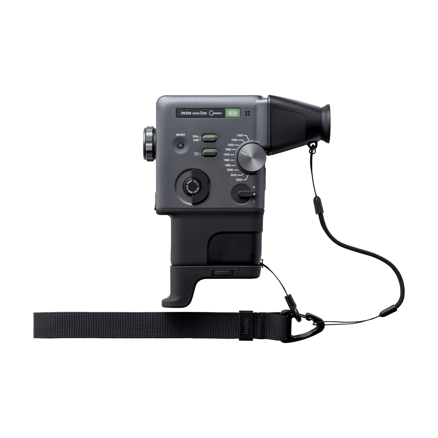 Fotocamera grigio scuro con obiettivo, cinturino e controlli.