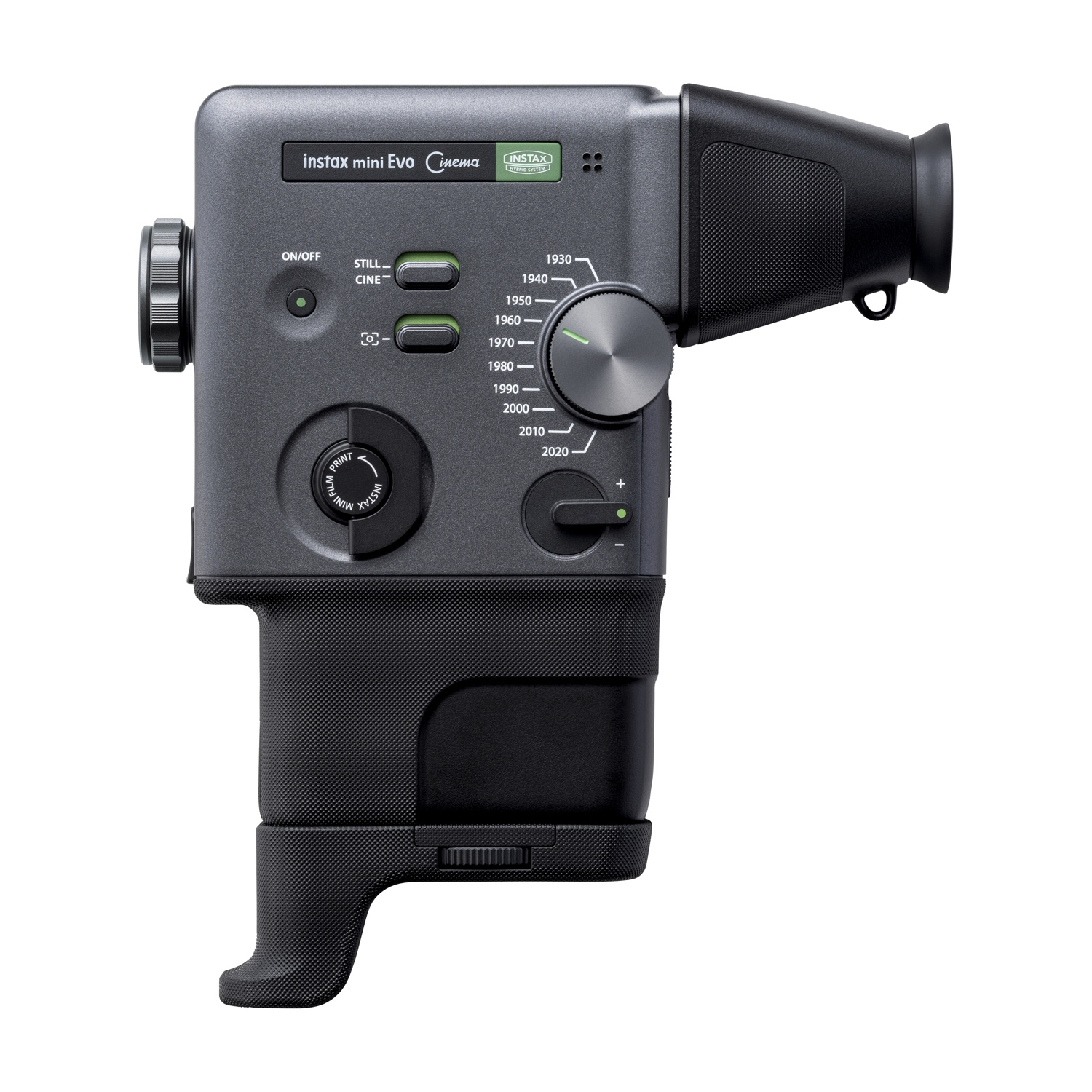 Fotocamera Instax Mini Evo grigia con impugnatura e selettore anno.