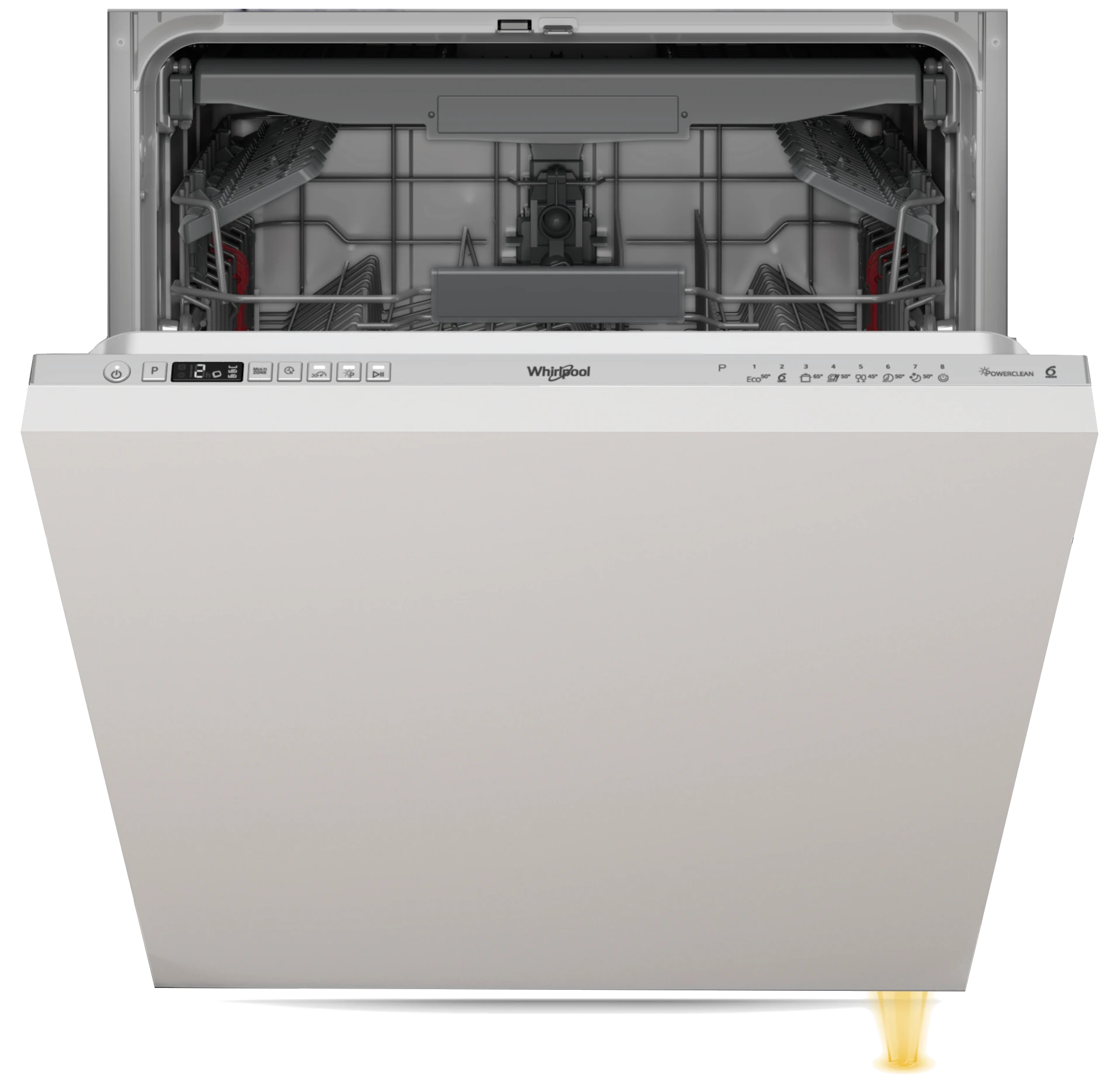 Otwarta zmywarka z białym frontem i sterowaniem na górze.