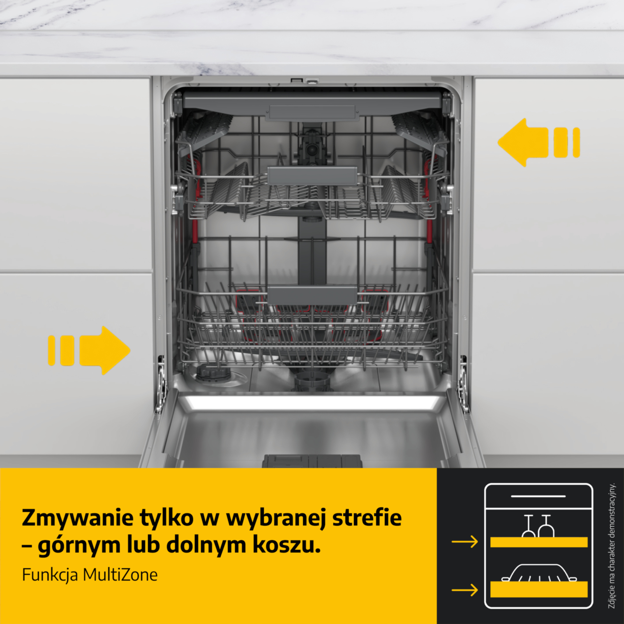 Otwarta zmywarka z dwoma koszami i żółtymi strzałkami. Pokazuje mycie strefowe.