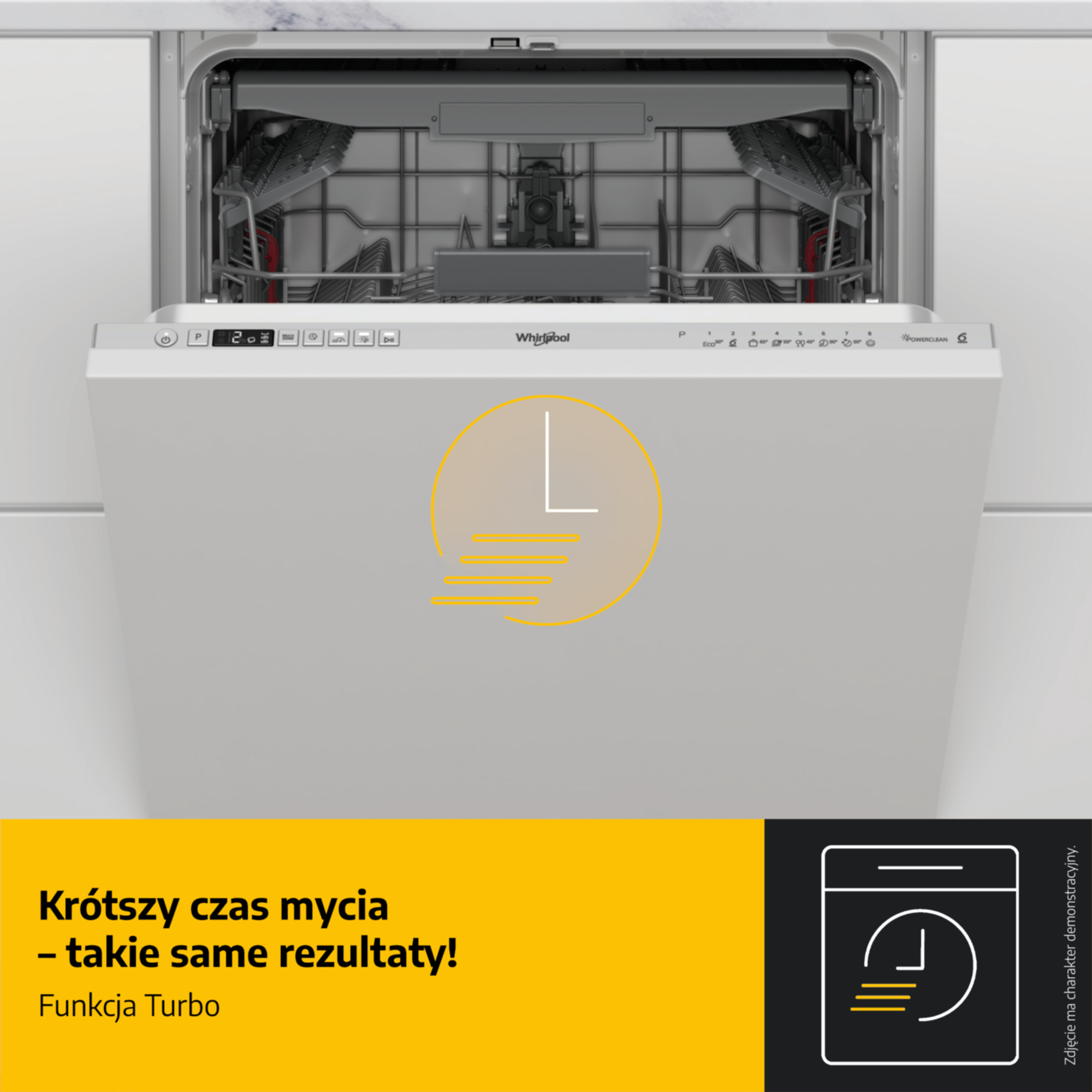 Otwarty zmywarka z panelem sterowania i ikoną czasu.