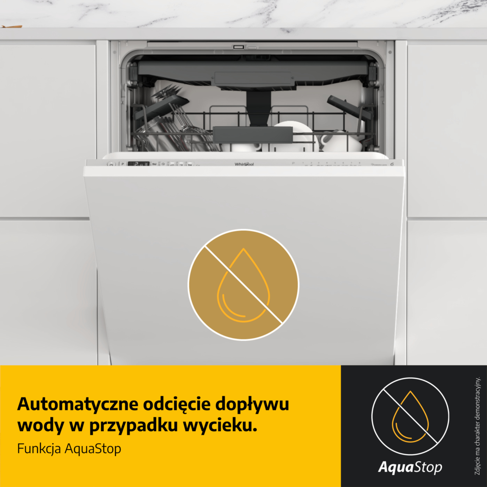 Zmywarka z otwartymi drzwiami, symbolem AquaStop i tekstem.