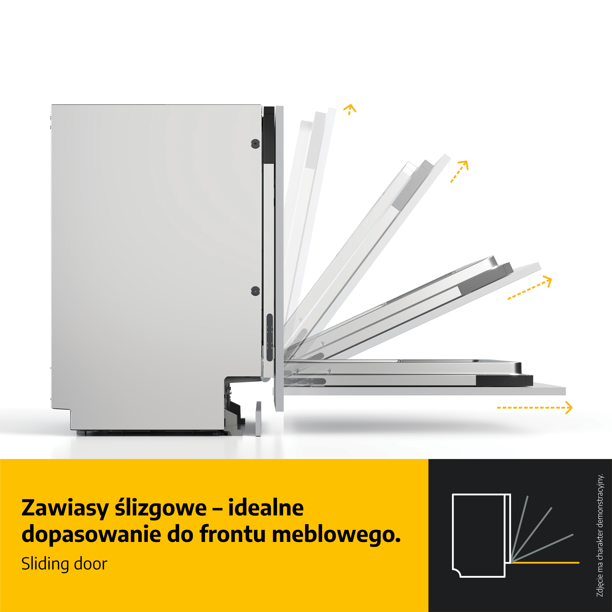 Biała szafka z systemem drzwi przesuwnych pokazana w wielu pozycjach.