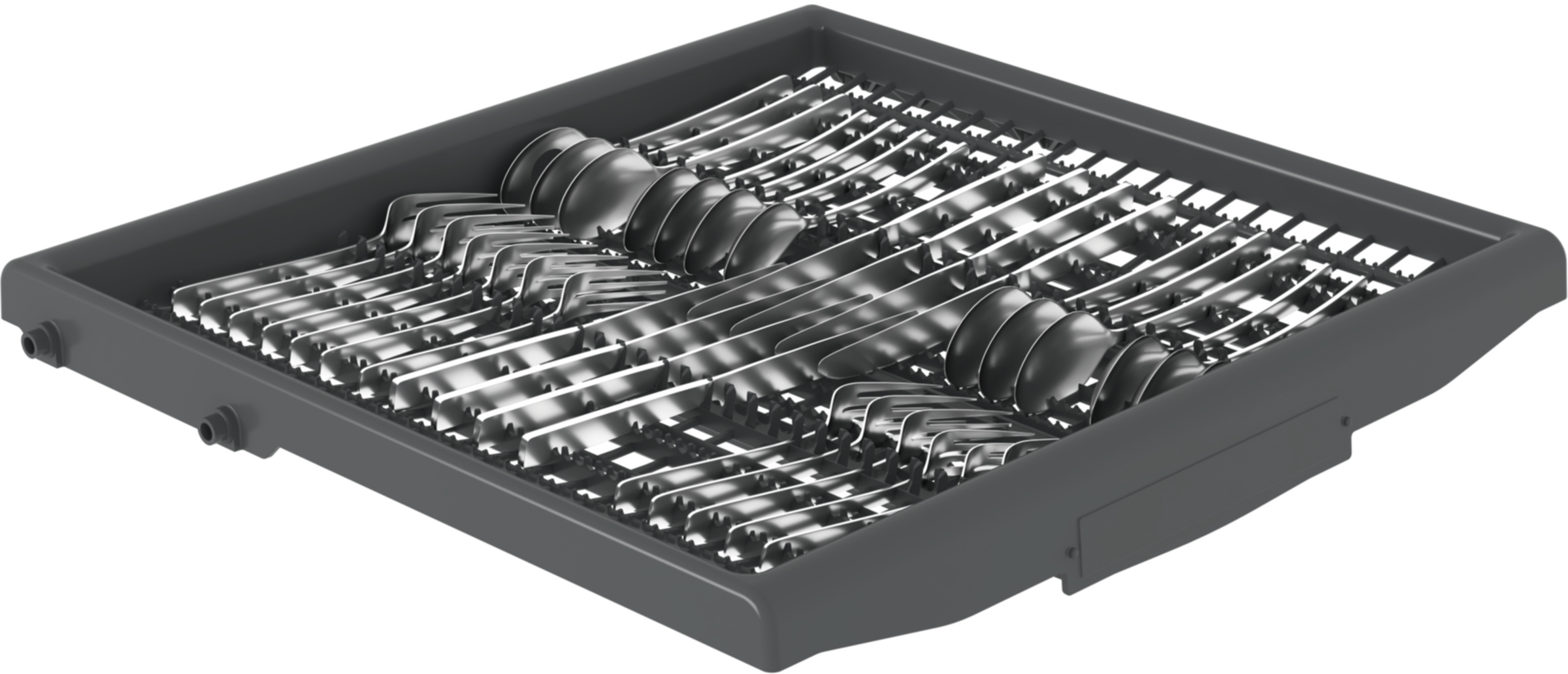 Kosz na sztućce w zmywarce: czyste łyżki, widelce i noże.